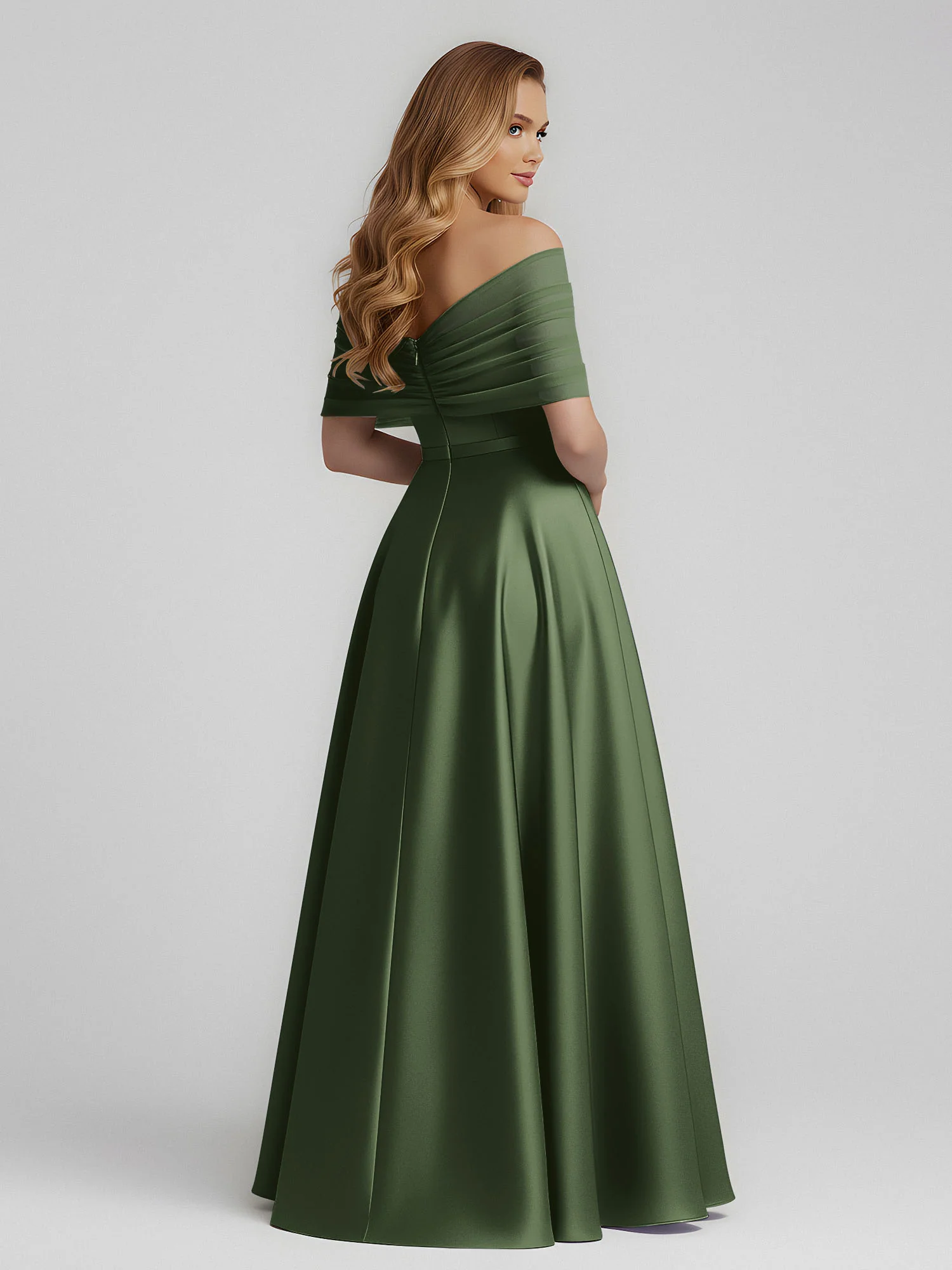 Satin A-Line Floor Length Dresses With Sheer Shawl Olive Green - Image 2