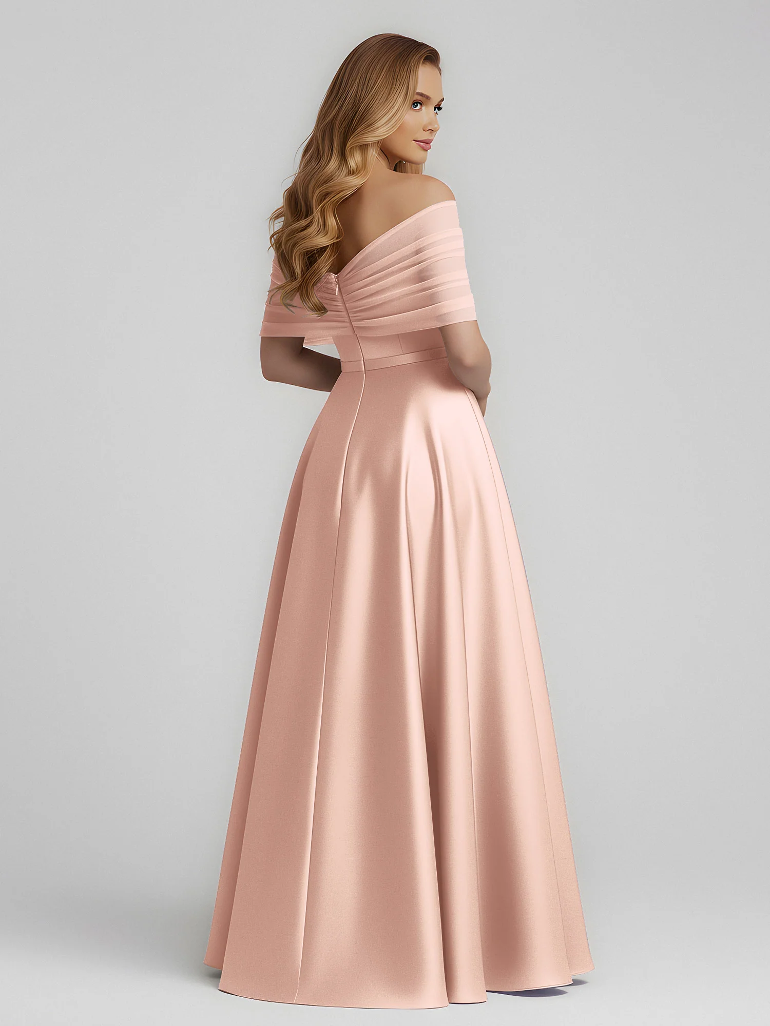 Satin A-Line Floor Length Dresses With Sheer Shawl Pearl Pink - Image 2