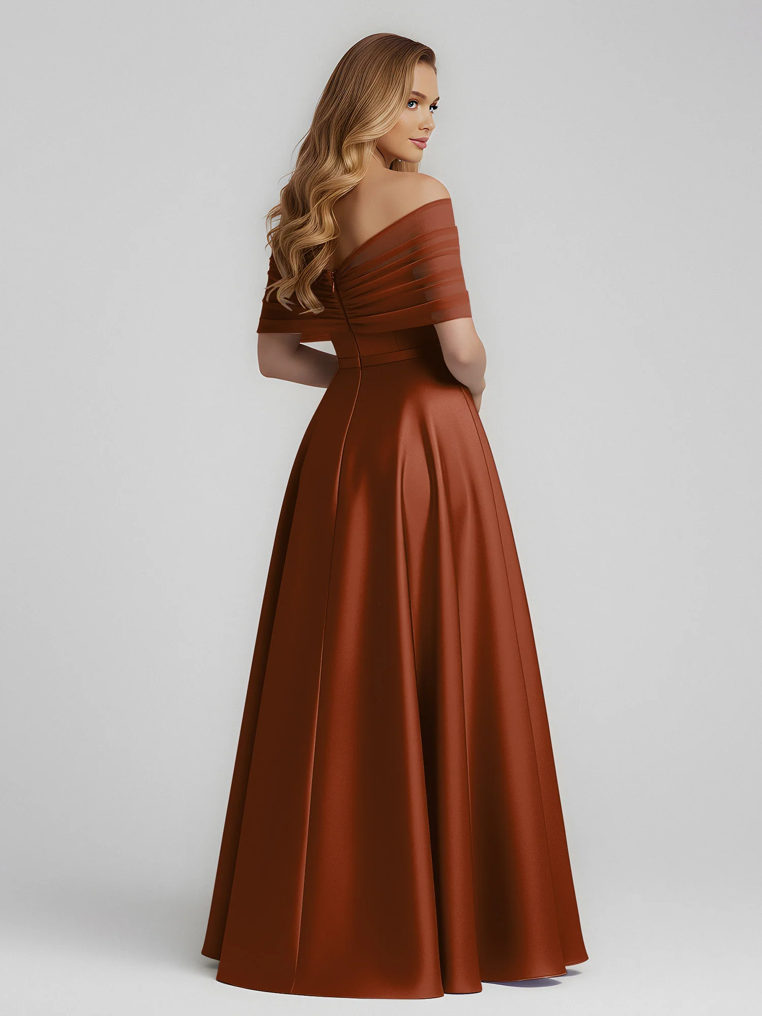 Satin A-Line Floor Length Dresses With Sheer Shawl Terracotta - Image 2