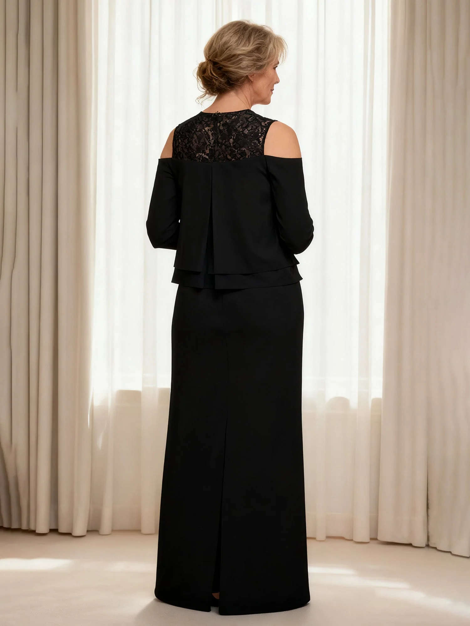 Tiered Overlay Sheath Dress with Back Slit Dark Navy - Image 2