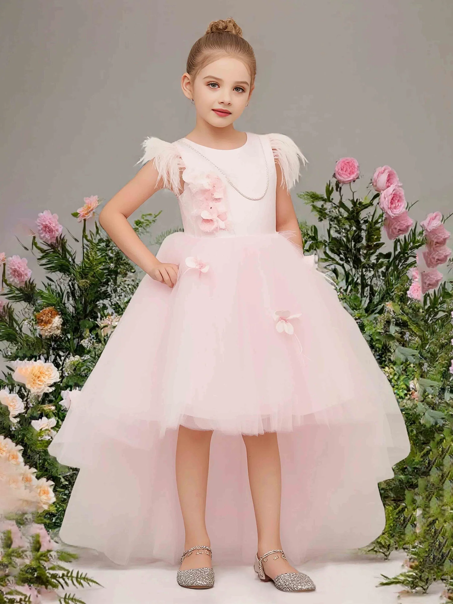 Feather Shoulder High-Low Tulle Flower Girl Dress Blushing Pink