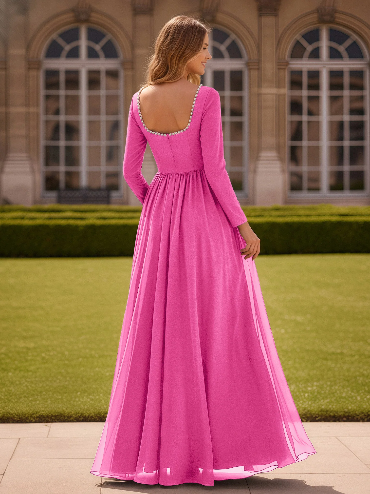 Pearl Square Neck Long Sleeve Dress With Slit Azalea - Image 2