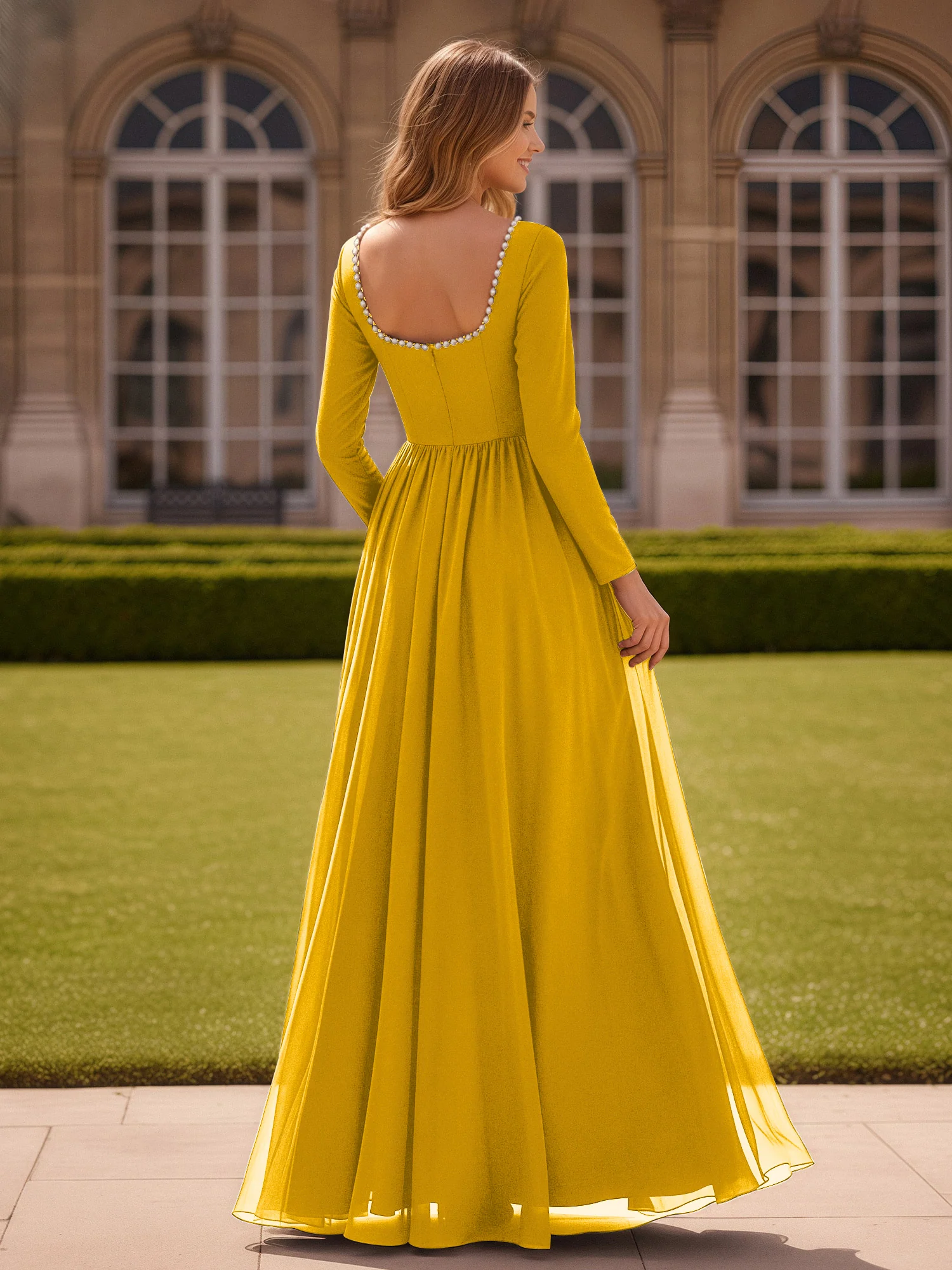 Pearl Square Neck Long Sleeve Dress With Slit Marigold - Image 2