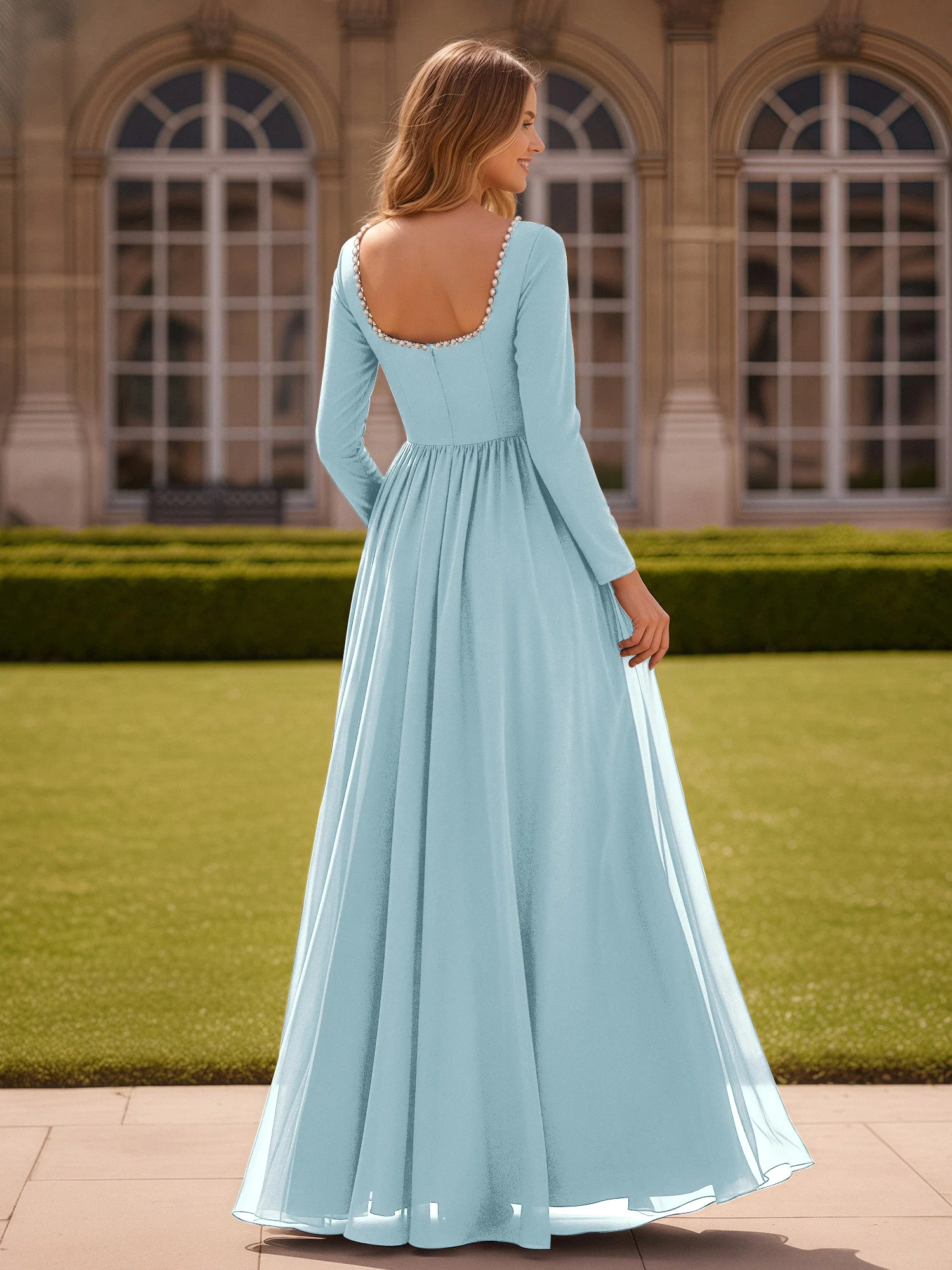 Pearl Square Neck Long Sleeve Dress With Slit Mist - Image 2