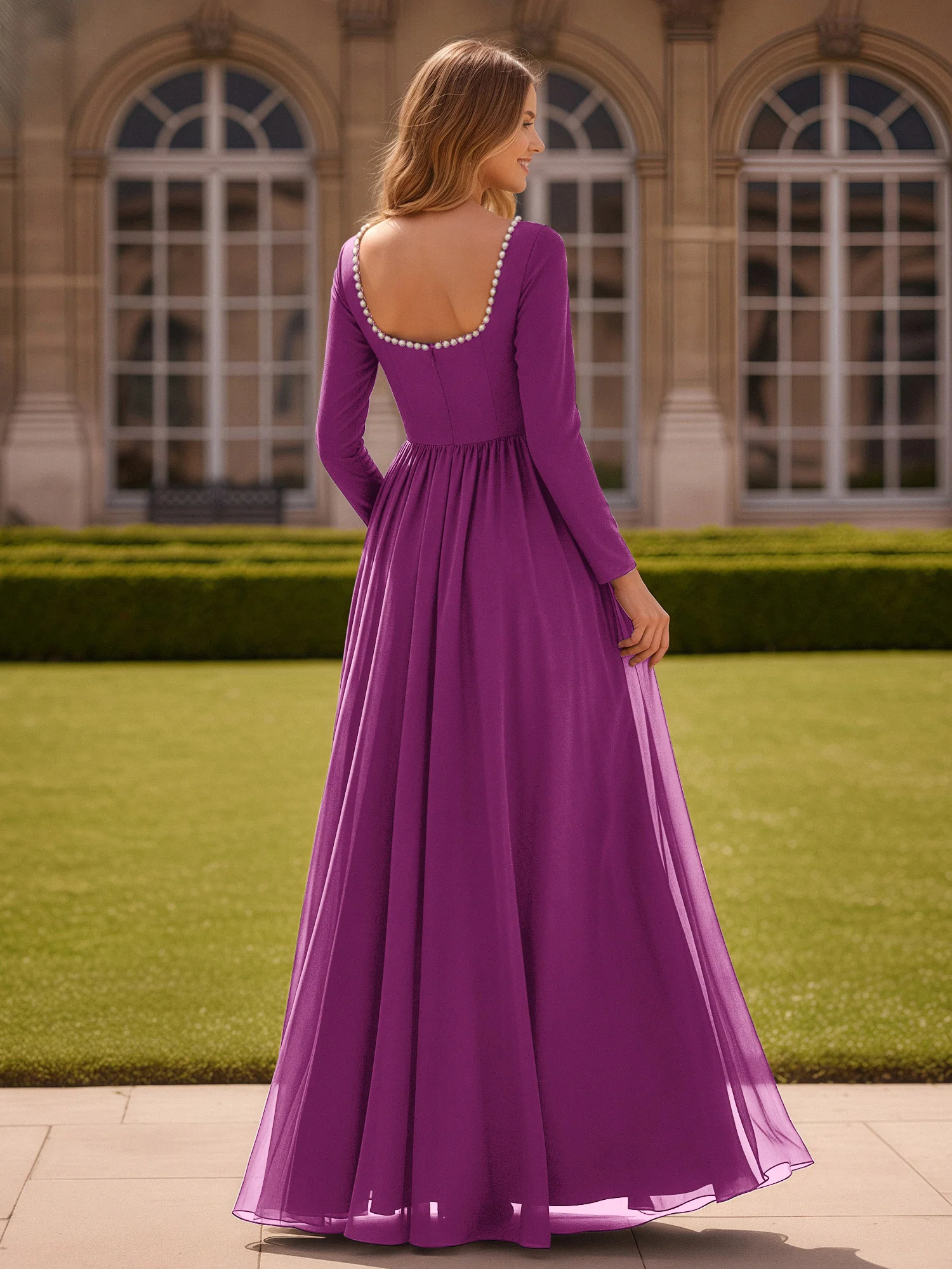 Pearl Square Neck Long Sleeve Dress With Slit Orchid - Image 2