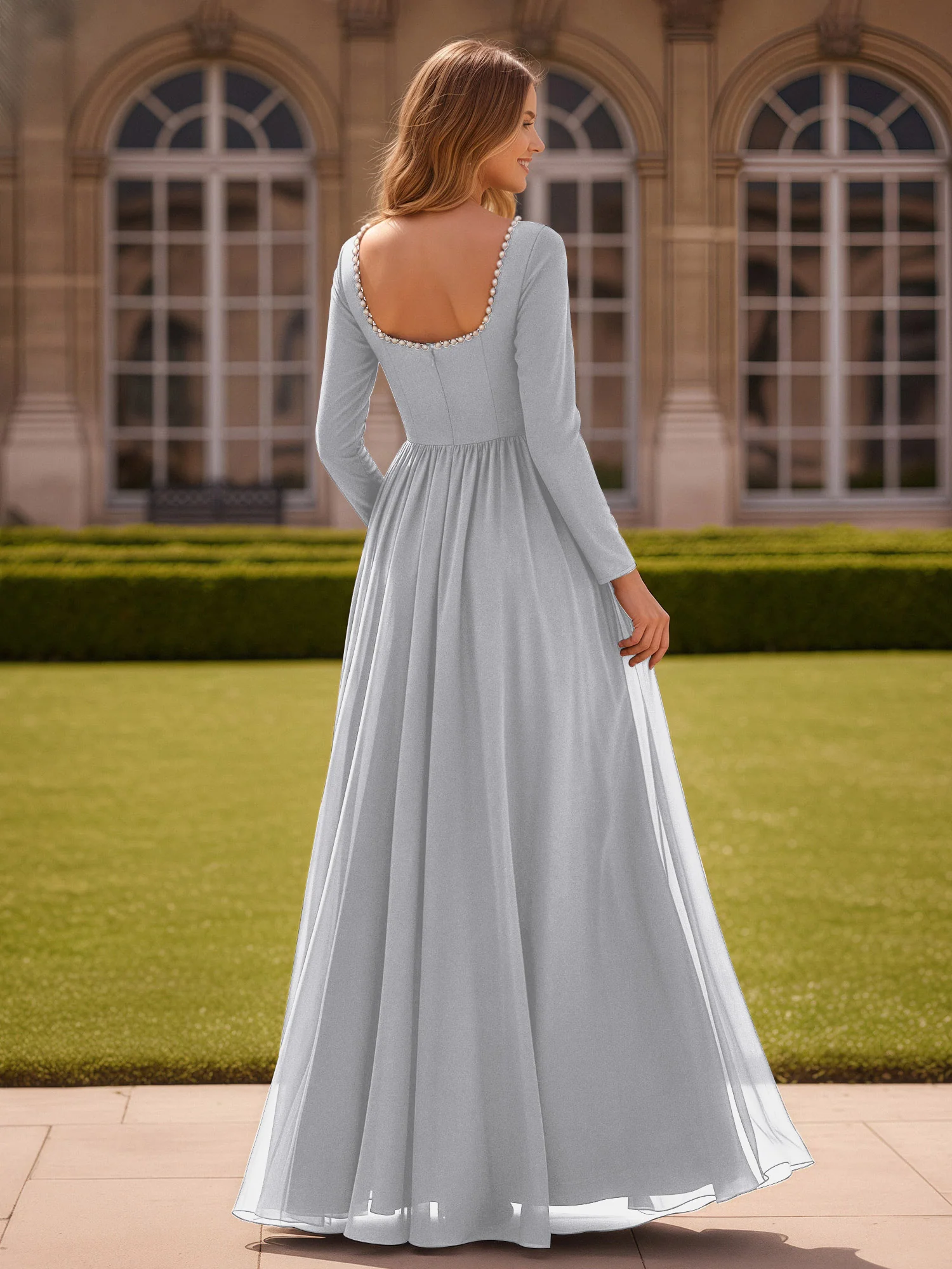 Pearl Square Neck Long Sleeve Dress With Slit Silver - Image 2