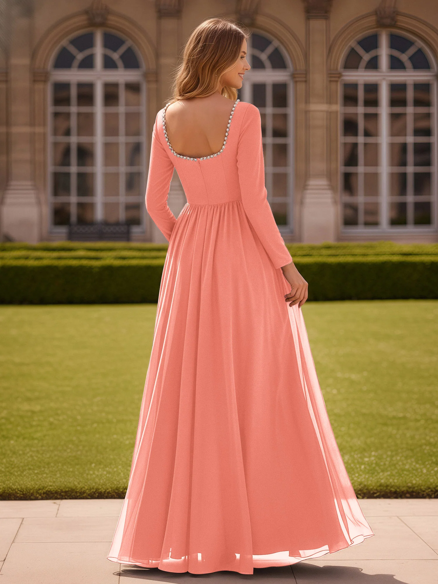 Pearl Square Neck Long Sleeve Dress With Slit Sunset - Image 2