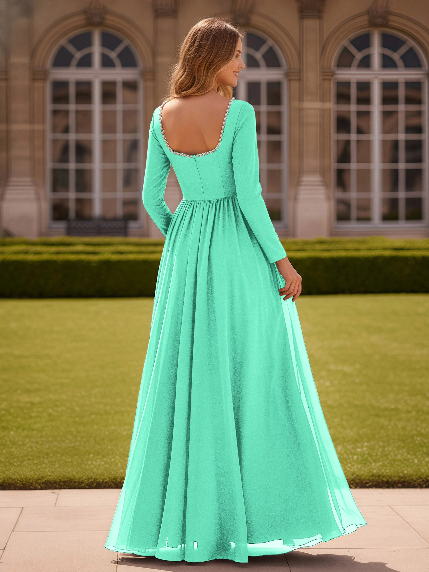 Pearl Square Neck Long Sleeve Dress With Slit Turquoise - Image 2