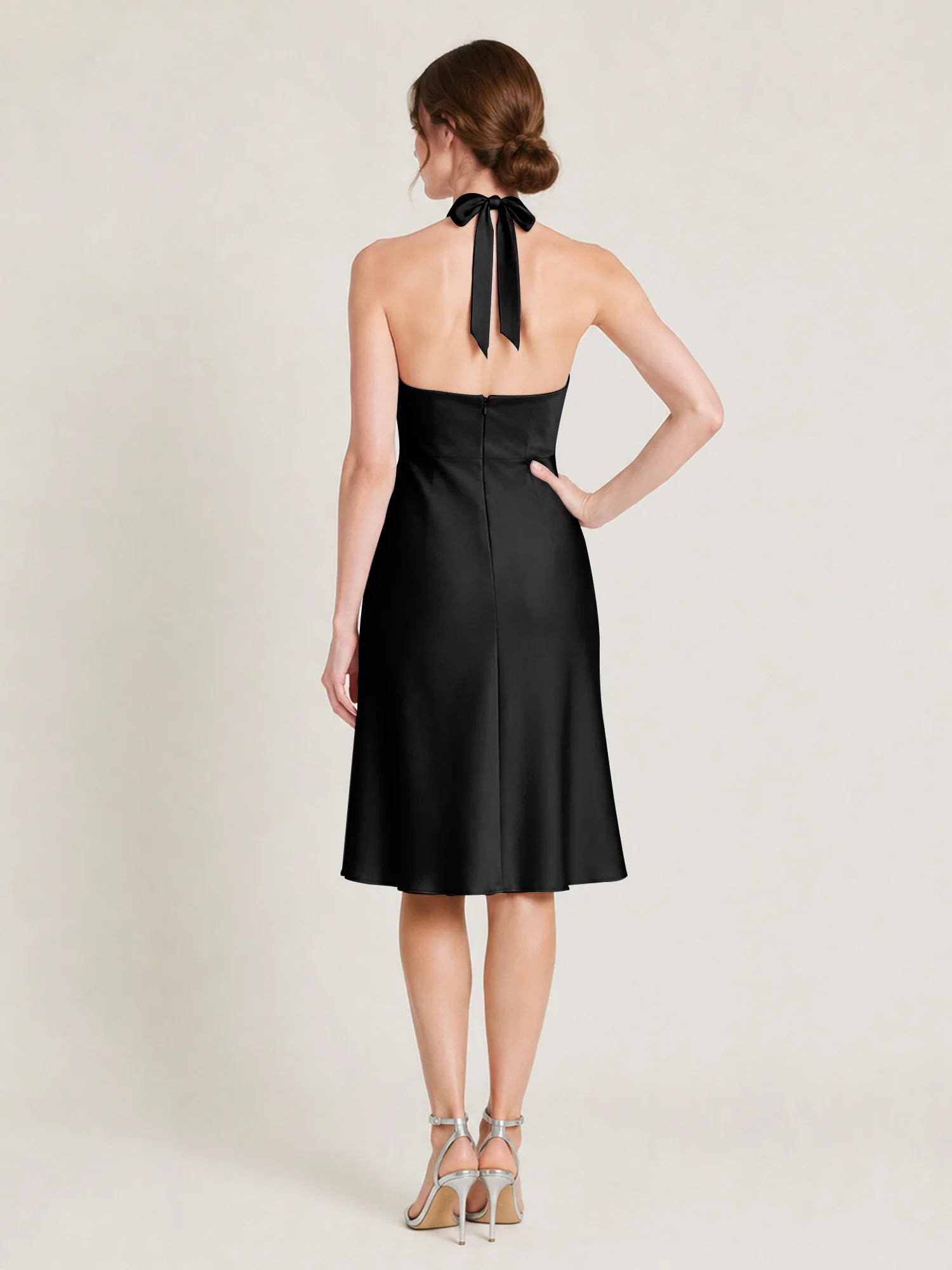 Knee-Length A-Line Satin Dress Featuring Open Back Black - Image 2