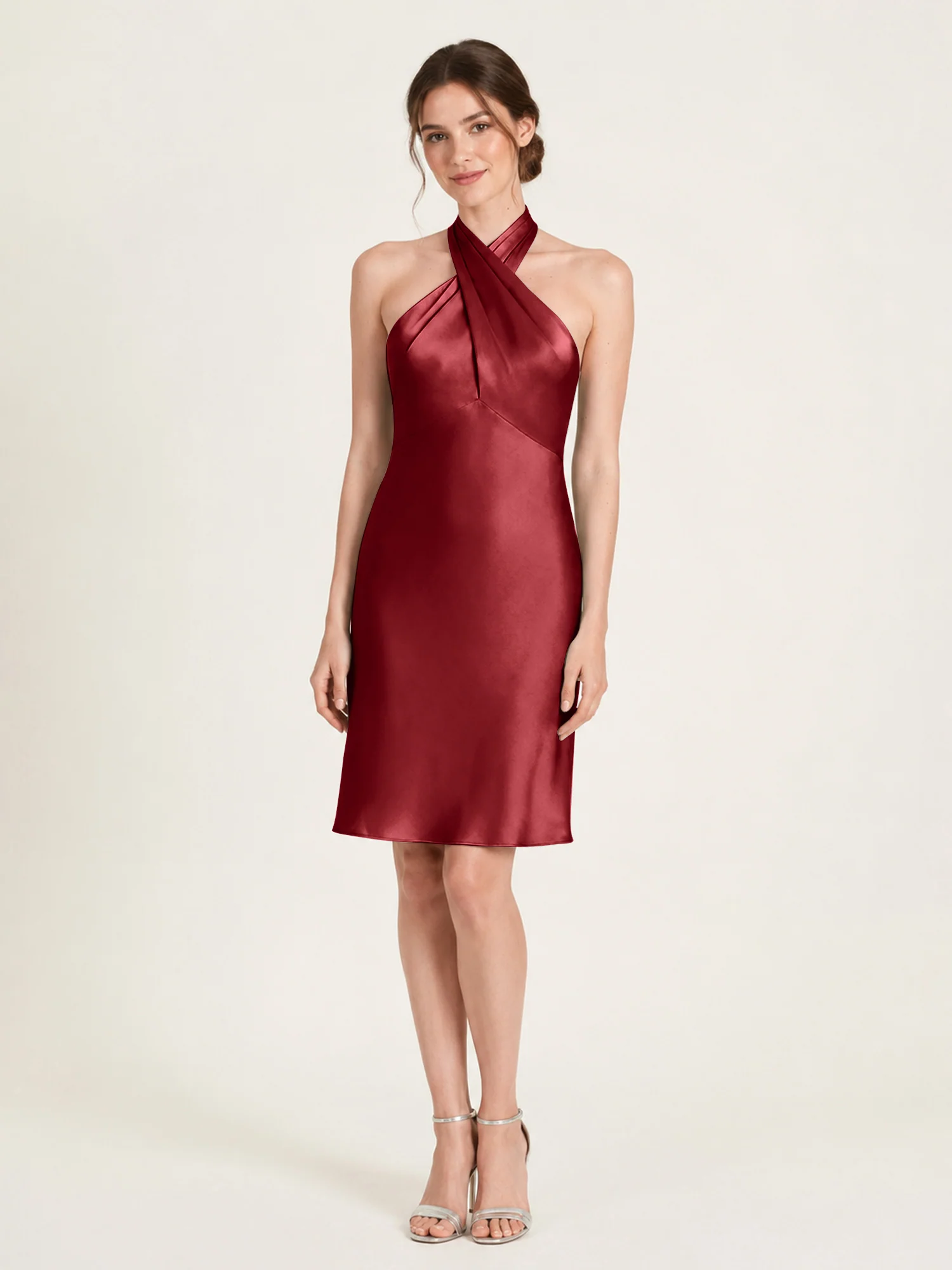 Knee-Length A-Line Satin Dress Featuring Open Back Burgundy