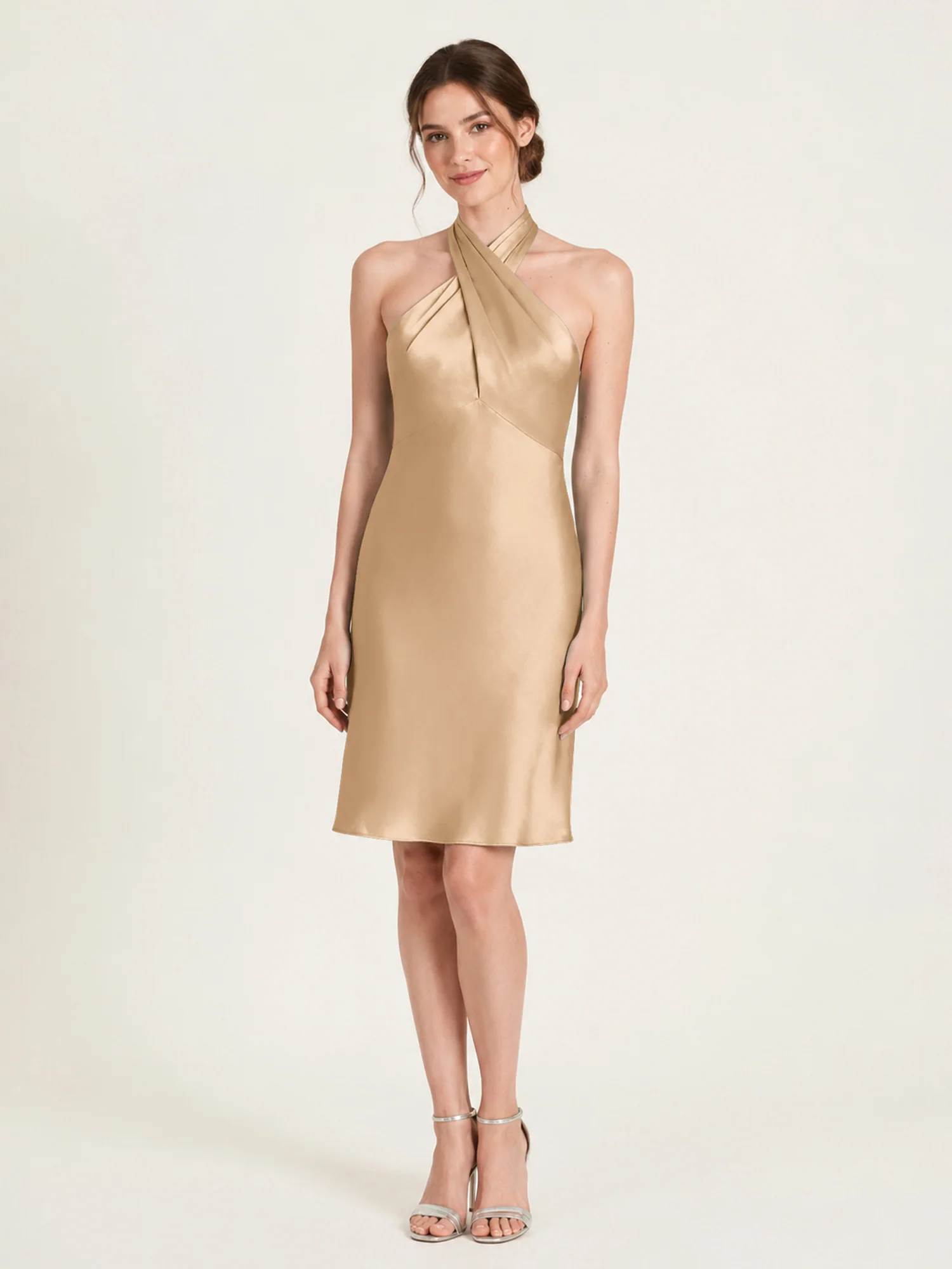 Knee-Length A-Line Satin Dress Featuring Open Back Champagne