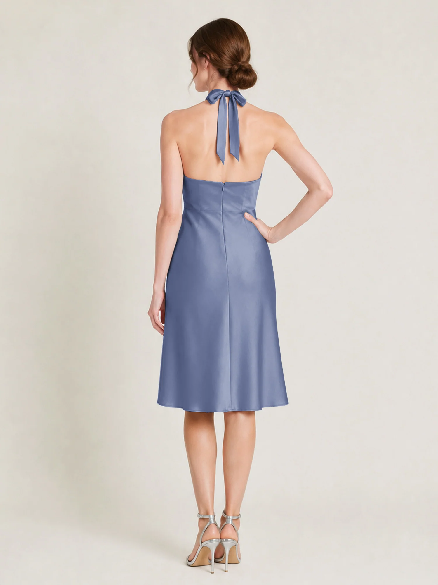 Knee-Length A-Line Satin Dress Featuring Open Back Dusty Blue - Image 2