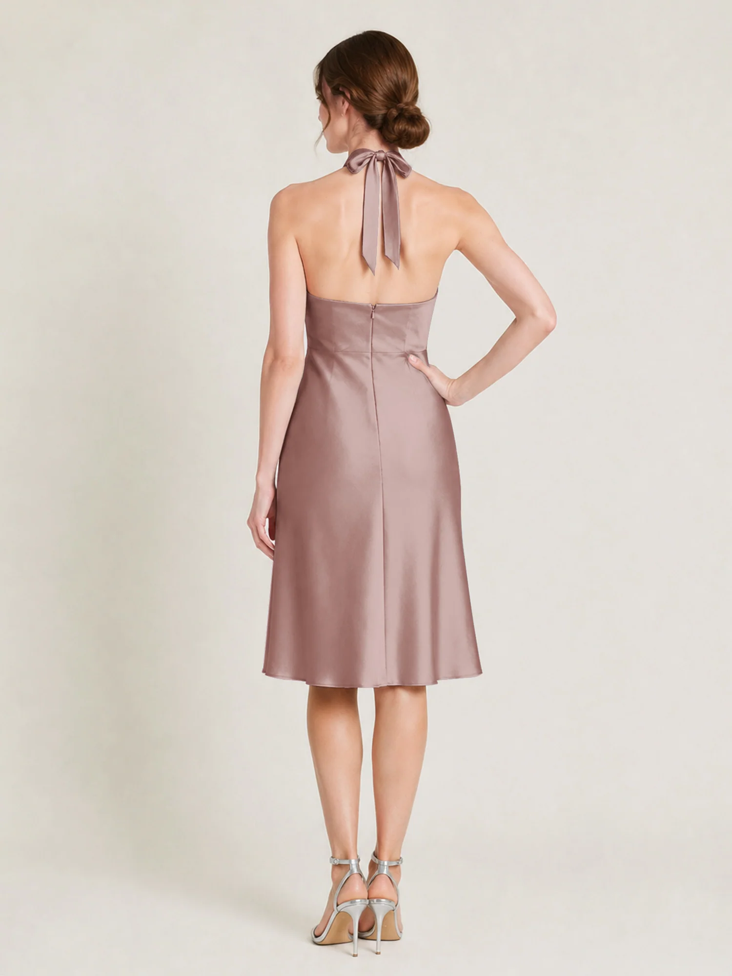 Knee-Length A-Line Satin Dress Featuring Open Back Dusty Rose - Image 2
