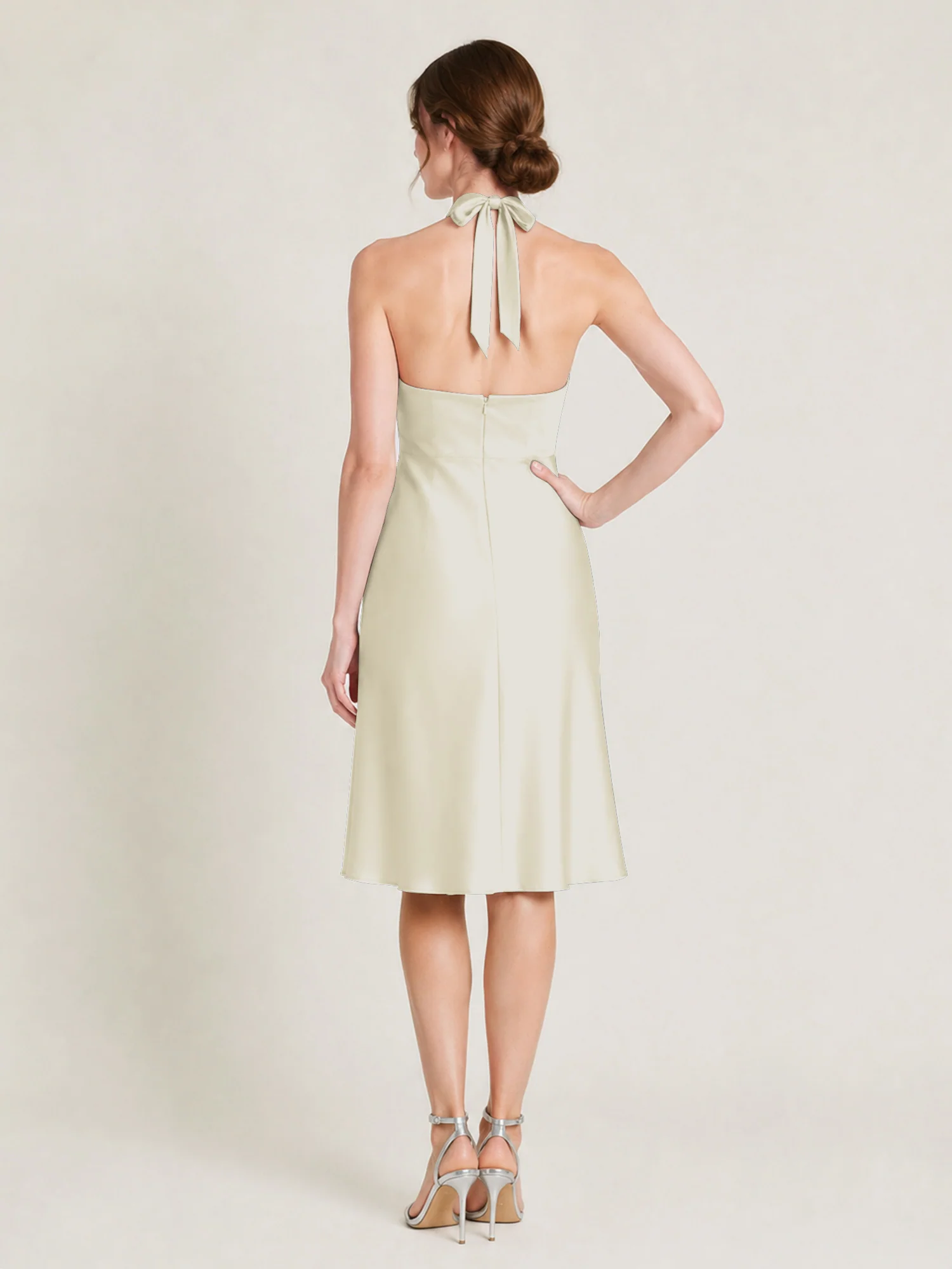 Knee-Length A-Line Satin Dress Featuring Open Back Ivory - Image 2