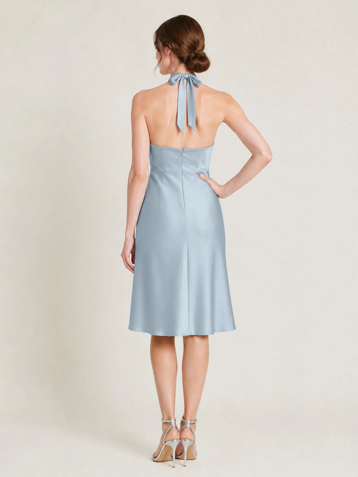 Knee-Length A-Line Satin Dress Featuring Open Back Mist - Image 2