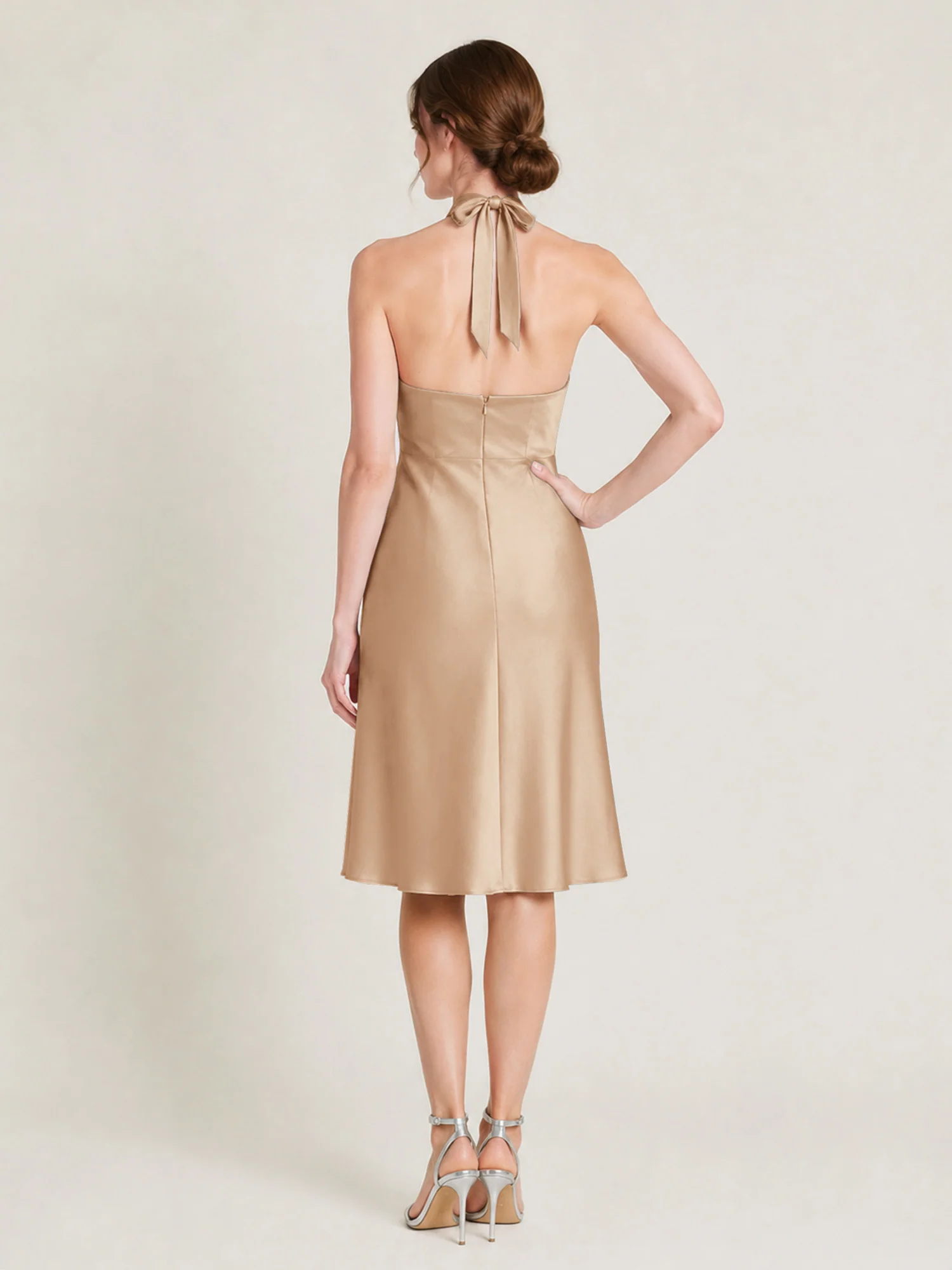 Knee-Length A-Line Satin Dress Featuring Open Back Peach - Image 2