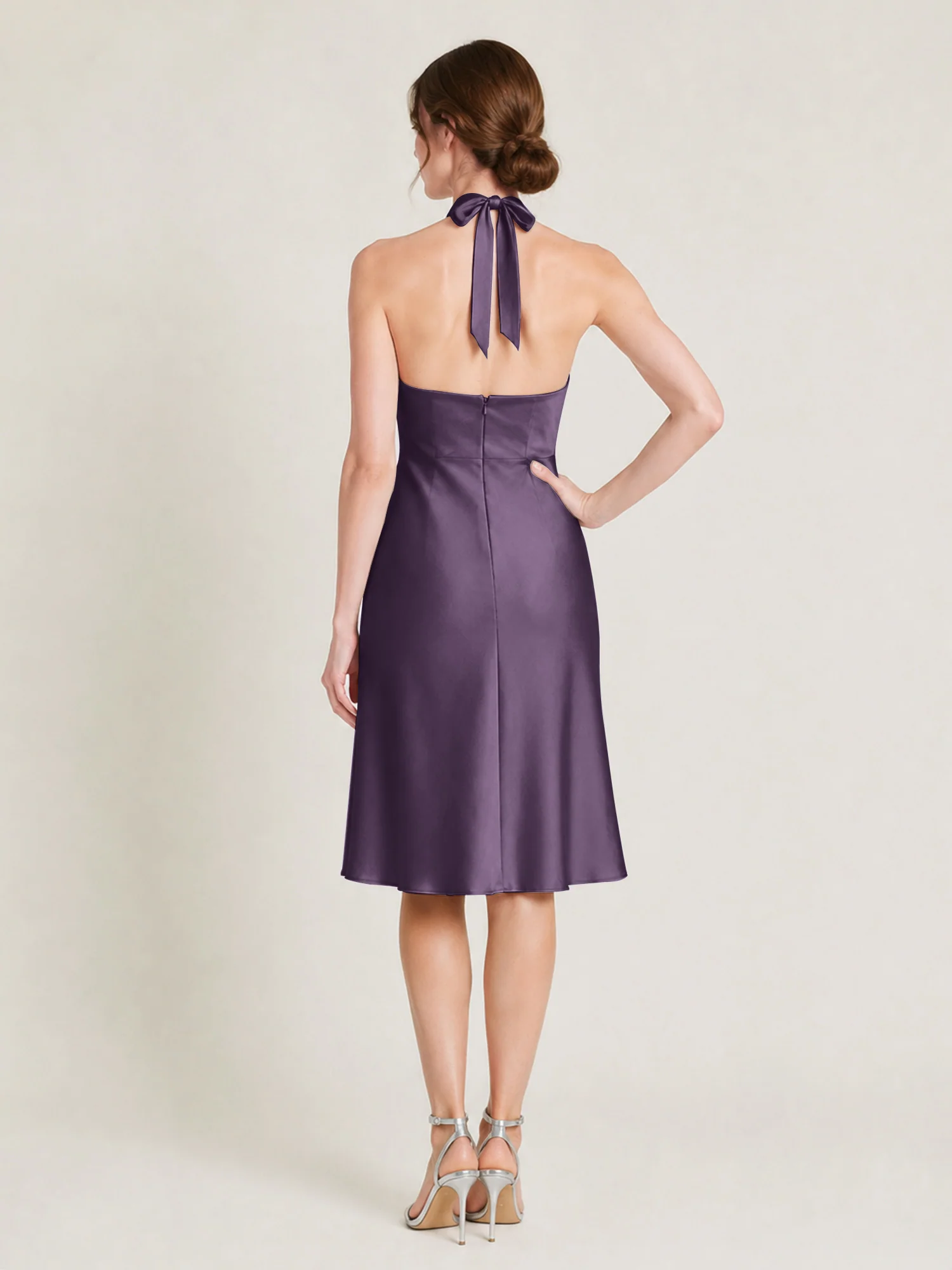 Knee-Length A-Line Satin Dress Featuring Open Back Plum - Image 2