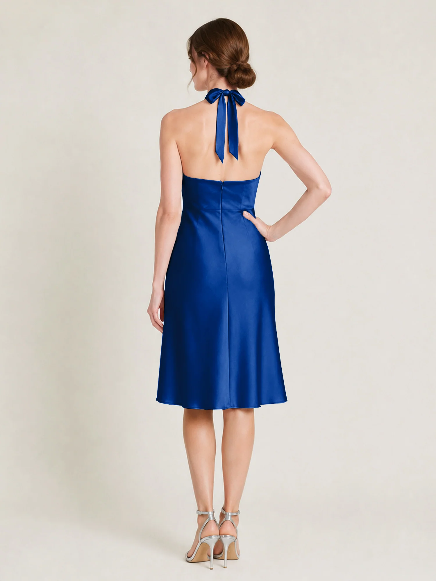 Knee-Length A-Line Satin Dress Featuring Open Back Royal Blue - Image 2