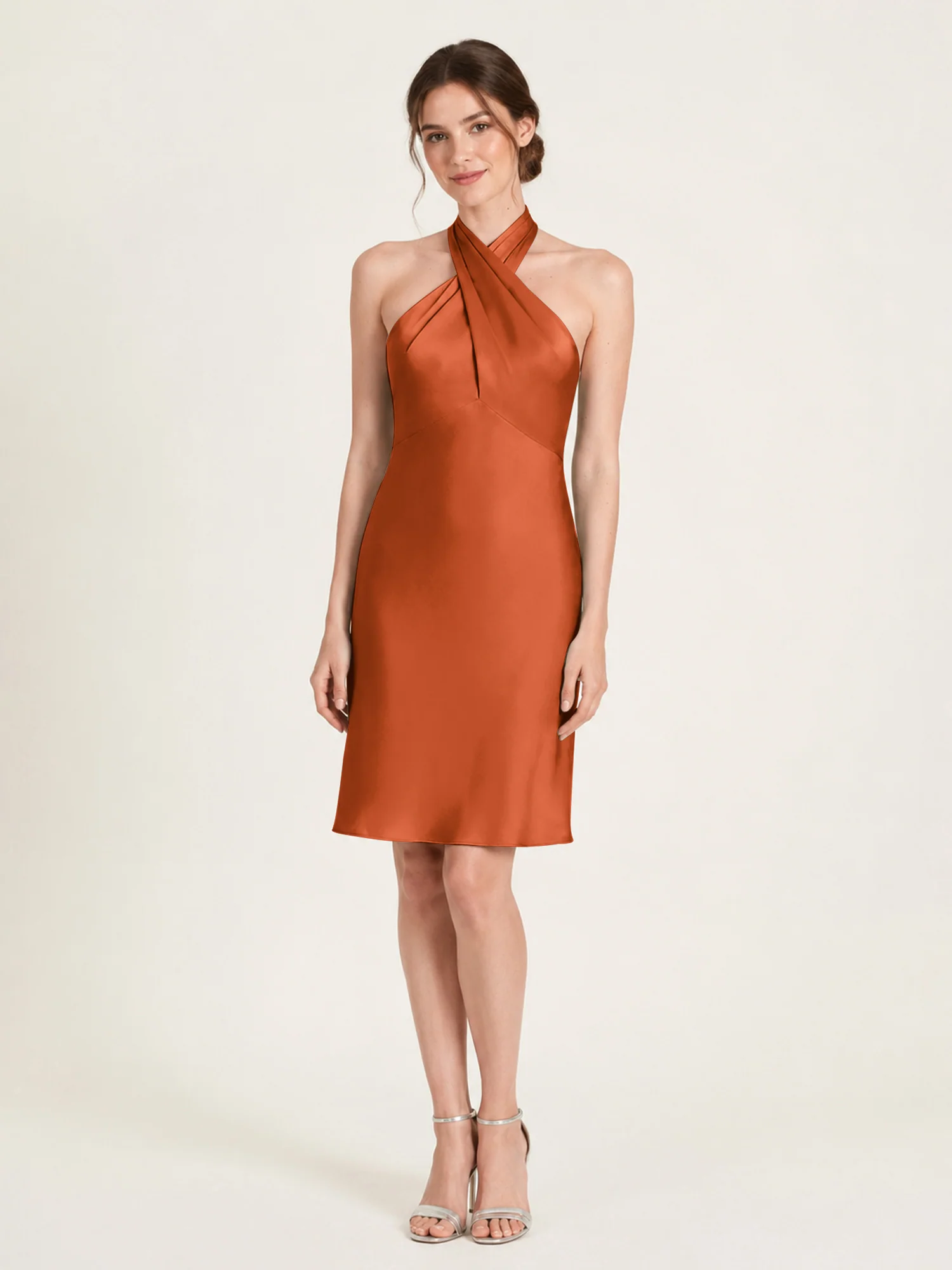 Knee-Length A-Line Satin Dress Featuring Open Back Rust