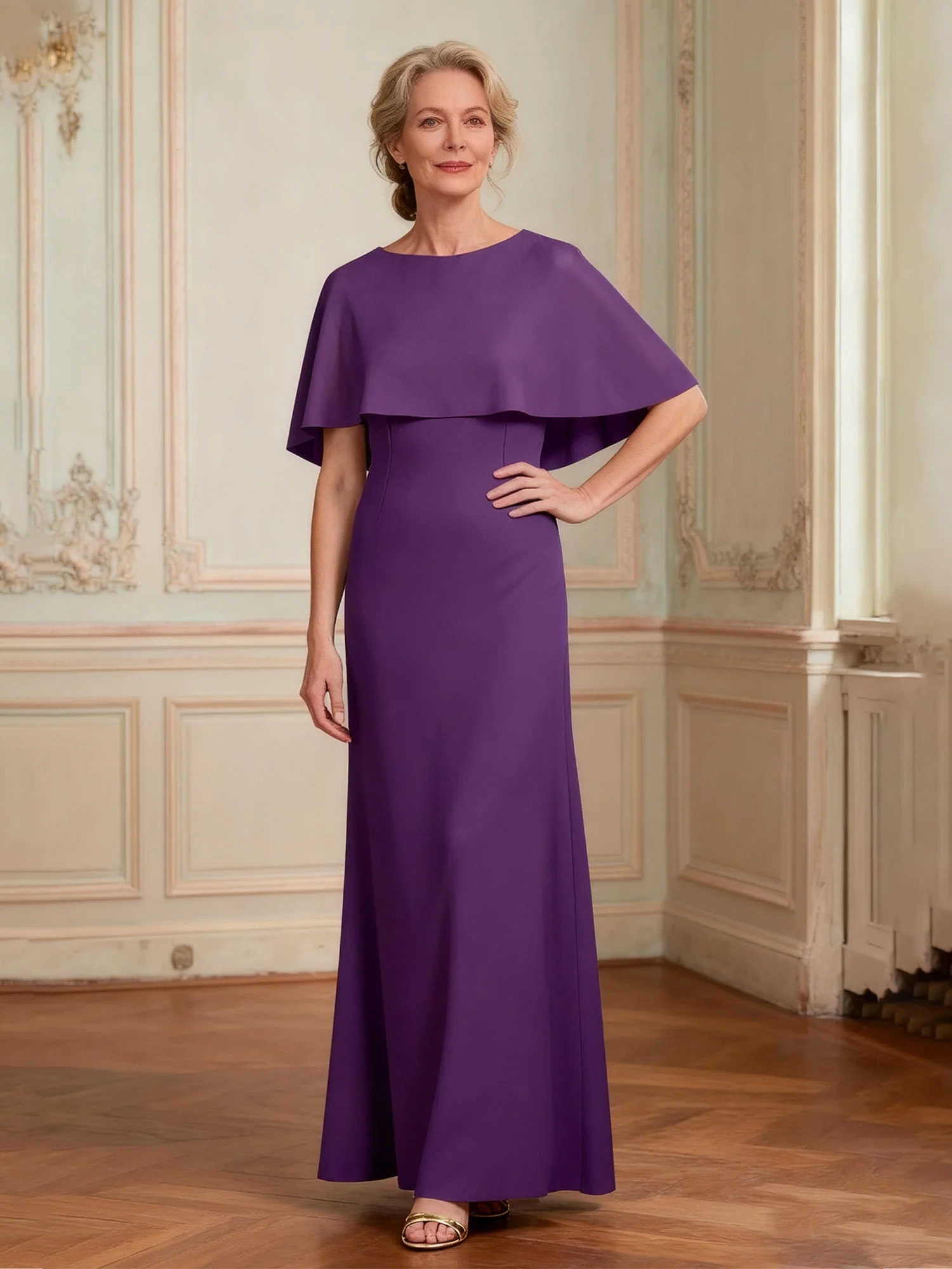 Bateau Neck Formal Dress with Dramatic Back Drape Blue