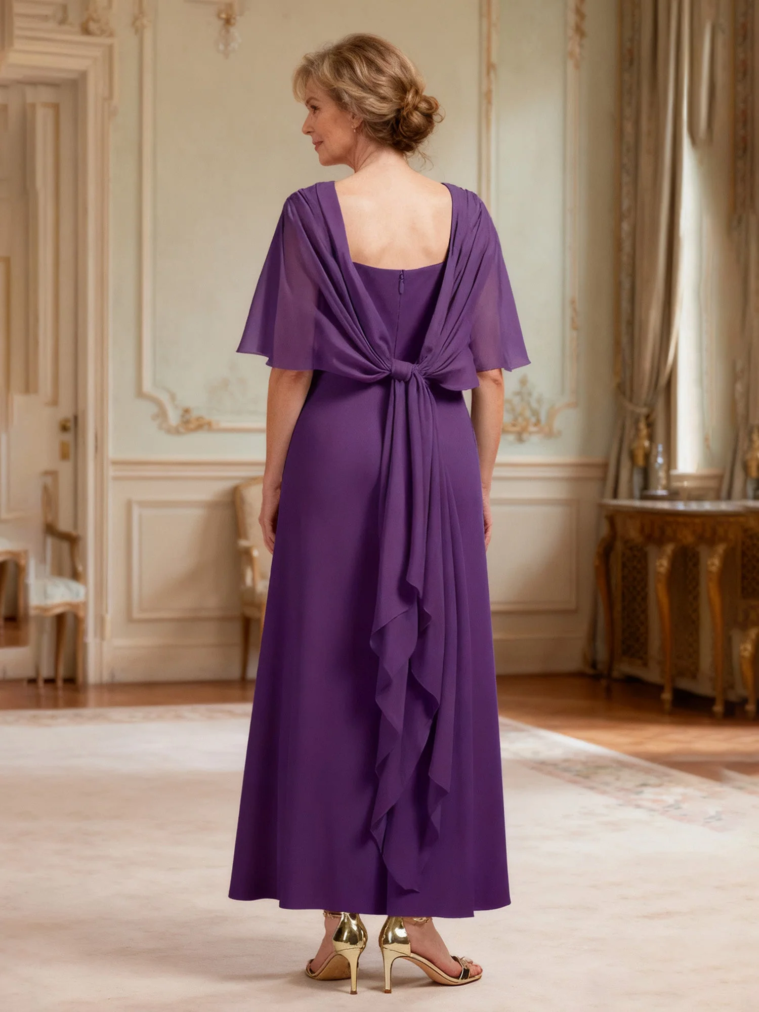 Bateau Neck Formal Dress with Dramatic Back Drape Cinnamon Rose - Image 2