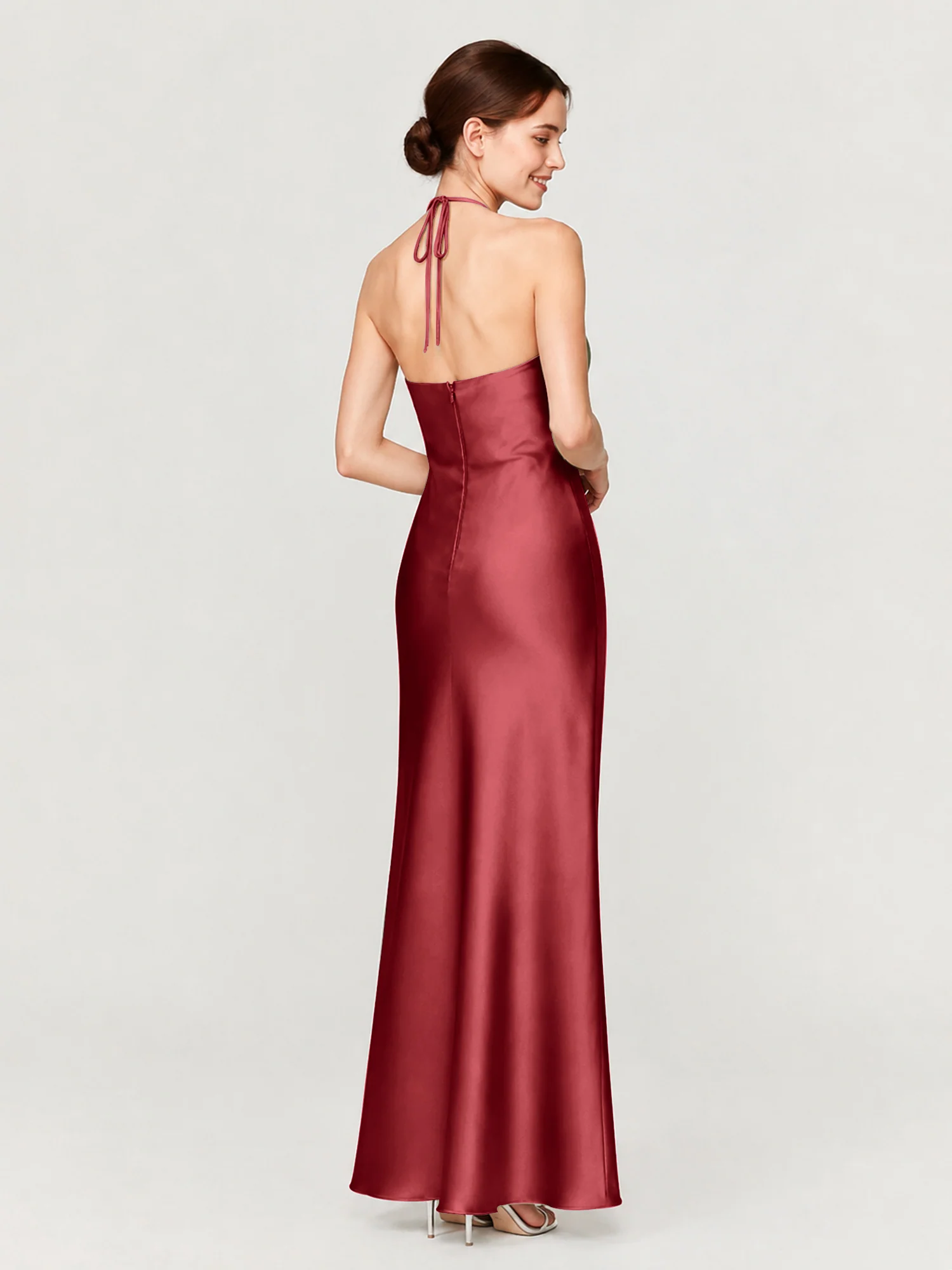 Gathered Halter Neck Satin Gown with Bias-Cut Skirt Burgundy - Image 2