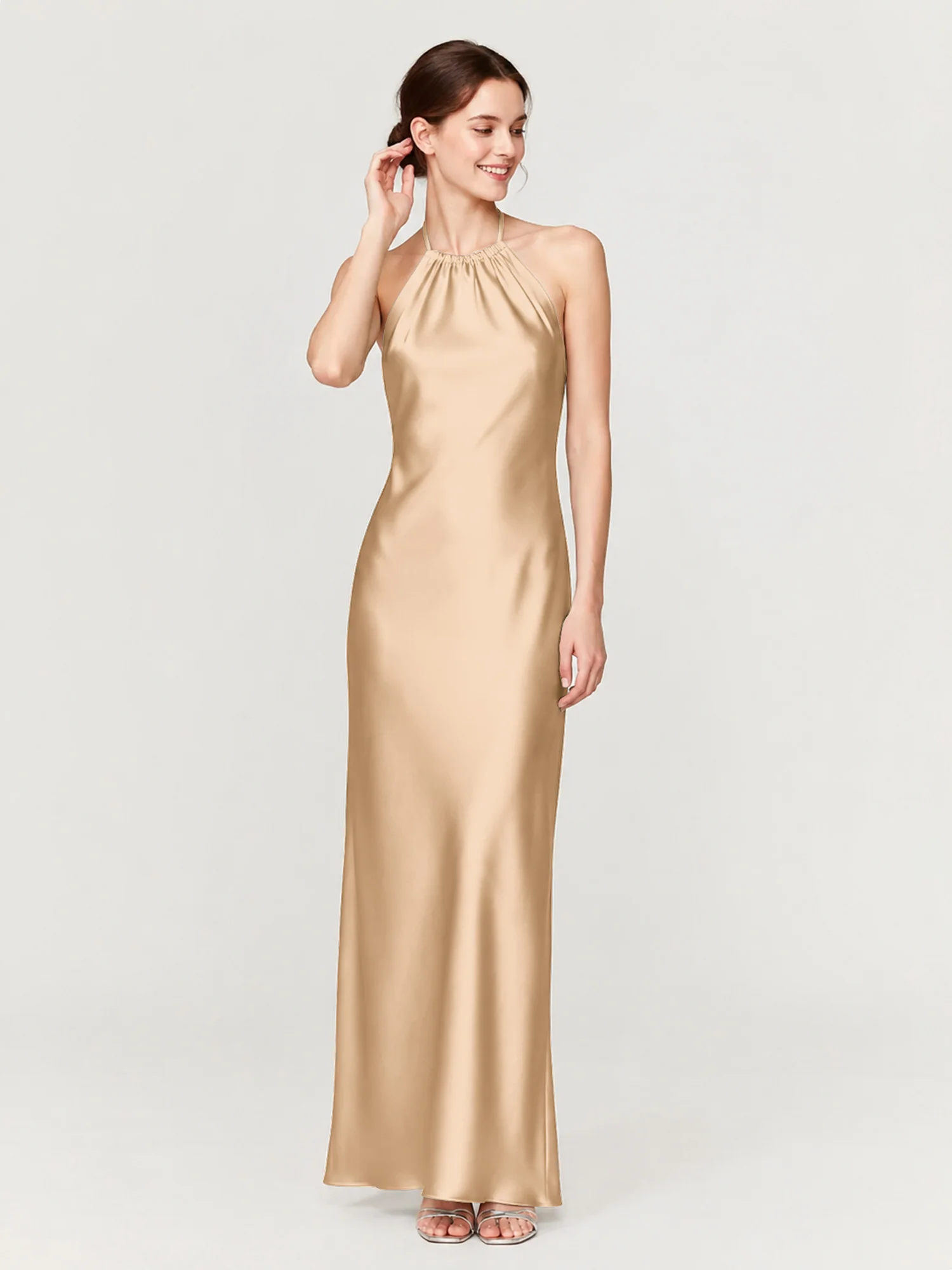 Gathered Halter Neck Satin Gown with Bias-Cut Skirt Champagne