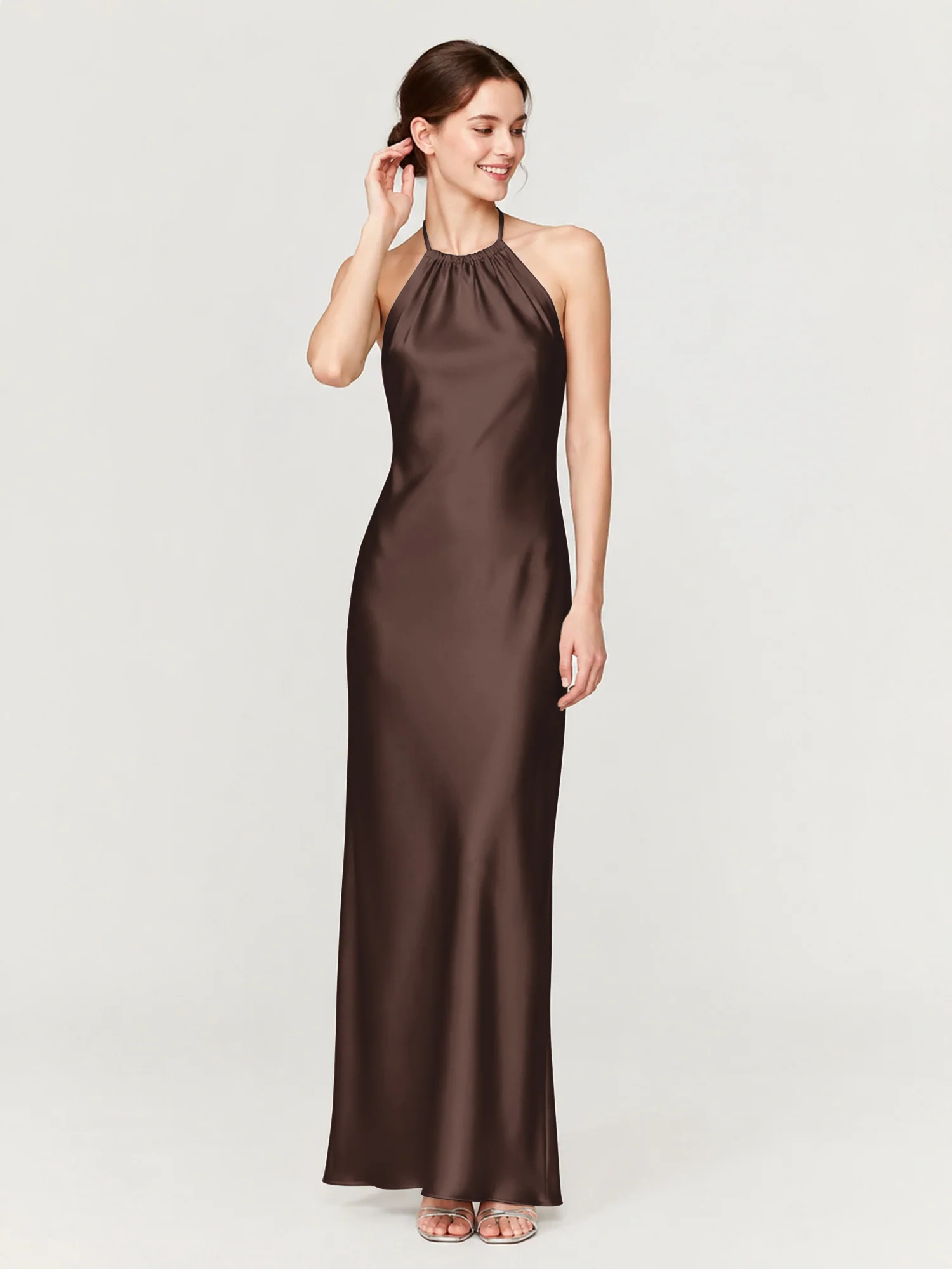 Gathered Halter Neck Satin Gown with Bias-Cut Skirt Chocolate