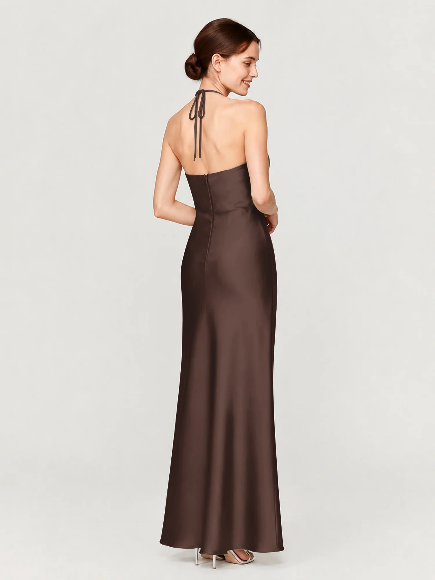 Gathered Halter Neck Satin Gown with Bias-Cut Skirt Chocolate - Image 2