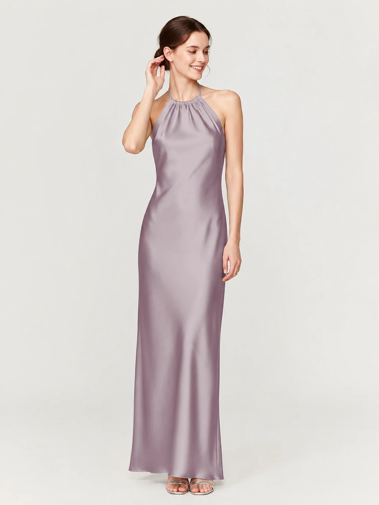 Gathered Halter Neck Satin Gown with Bias-Cut Skirt Dusk
