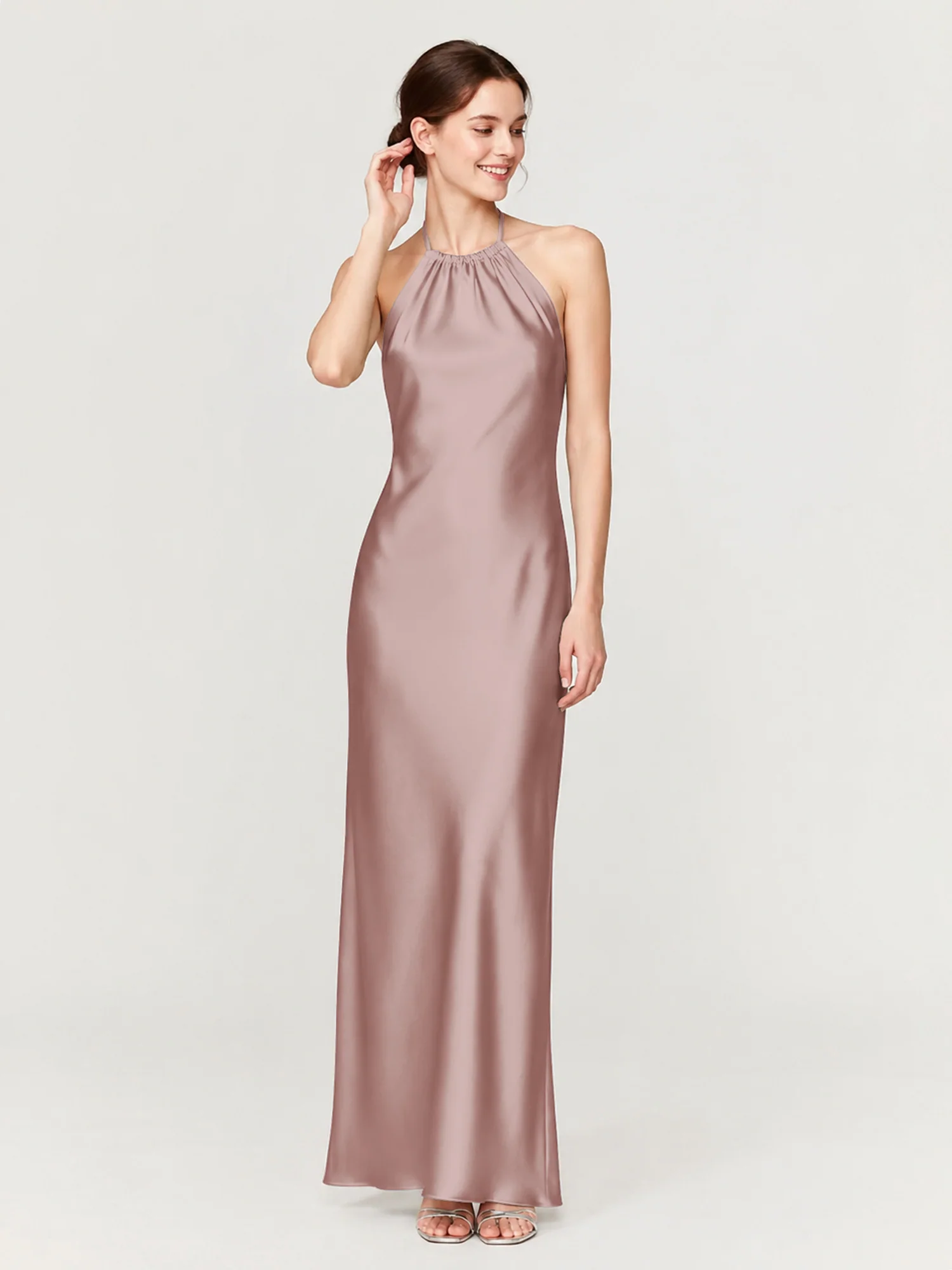 Gathered Halter Neck Satin Gown with Bias-Cut Skirt Dusty Rose