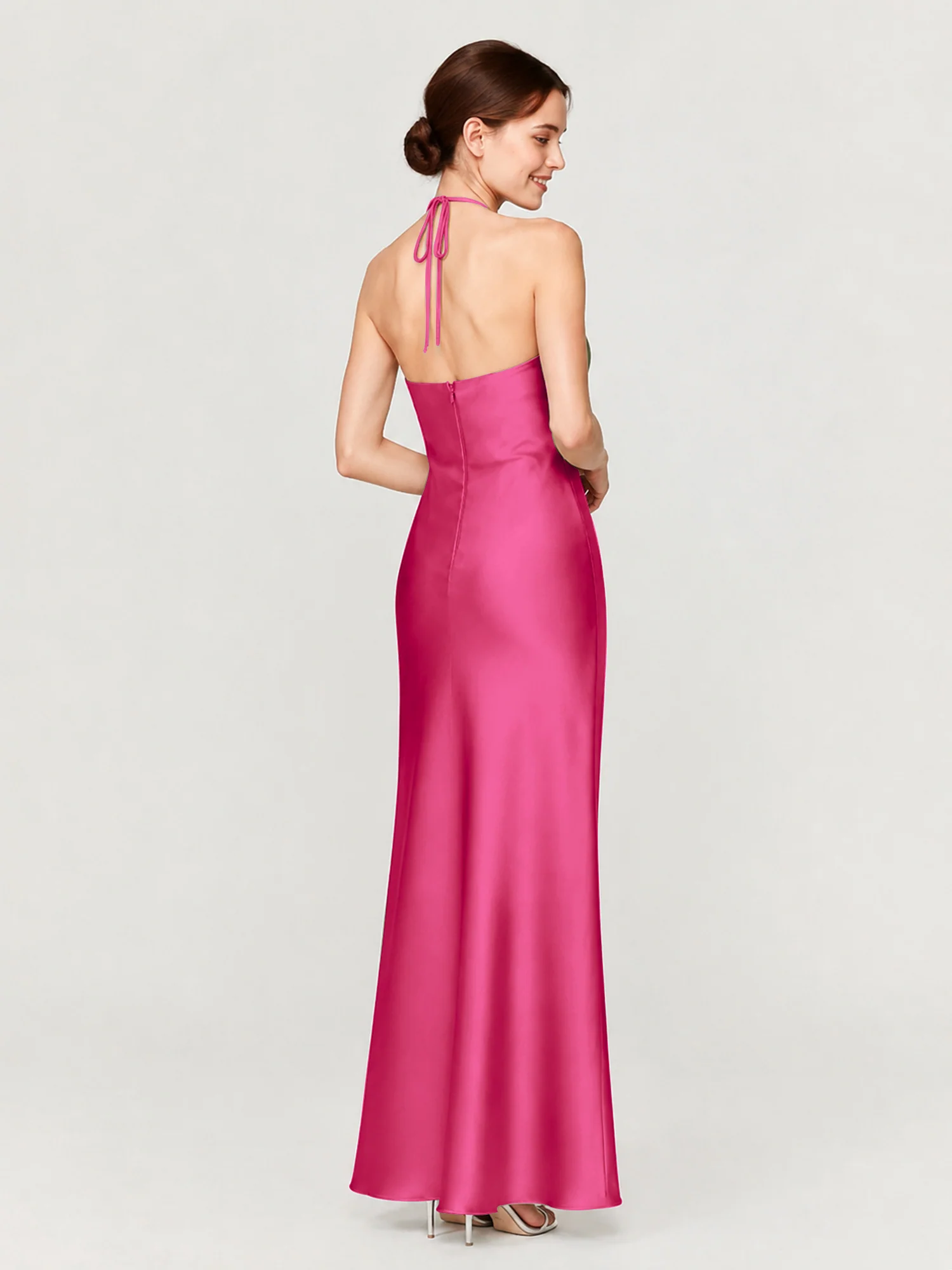 Gathered Halter Neck Satin Gown with Bias-Cut Skirt Fuchsia - Image 2