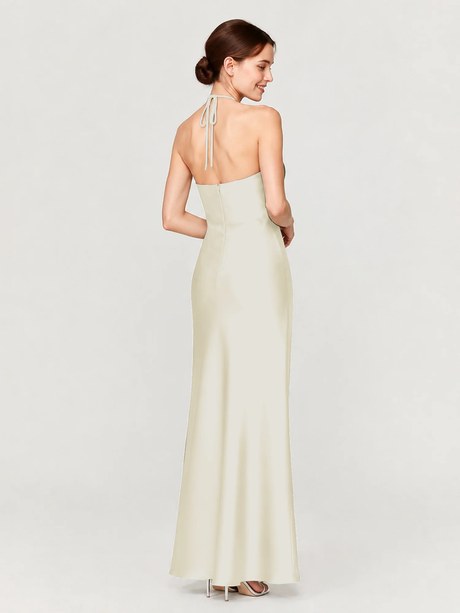 Gathered Halter Neck Satin Gown with Bias-Cut Skirt Ivory - Image 2