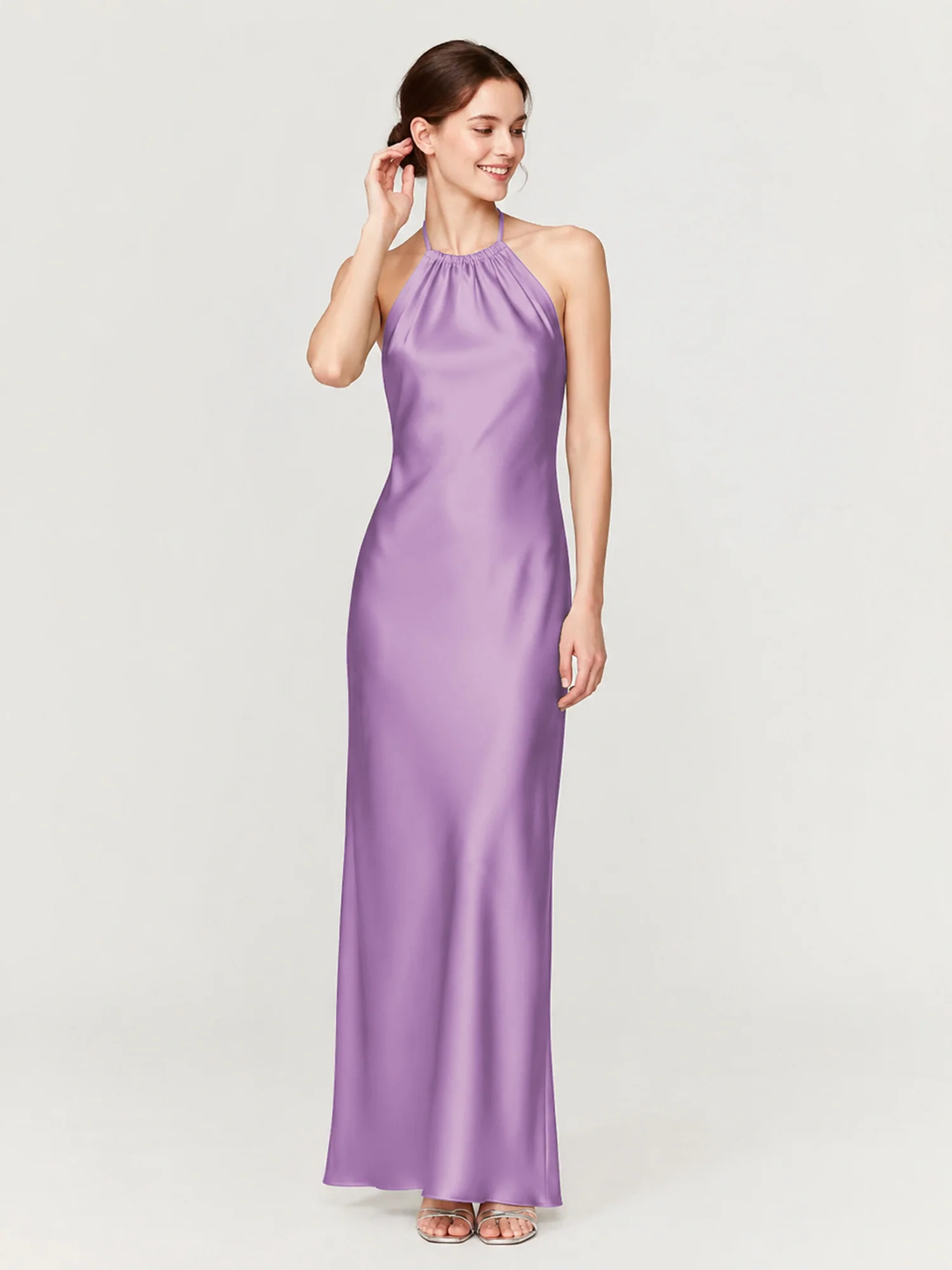 Gathered Halter Neck Satin Gown with Bias-Cut Skirt Lilac