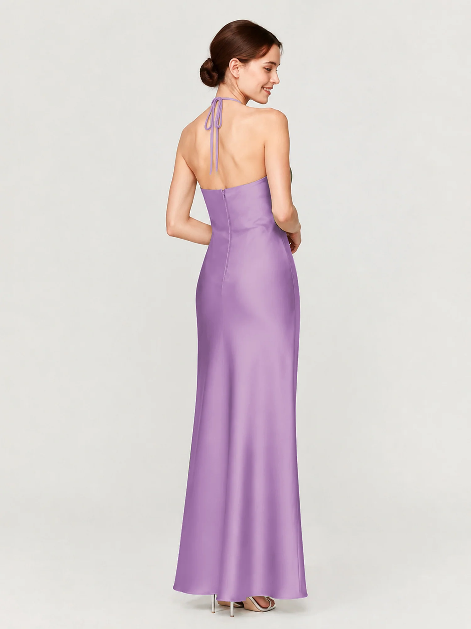Gathered Halter Neck Satin Gown with Bias-Cut Skirt Lilac - Image 2