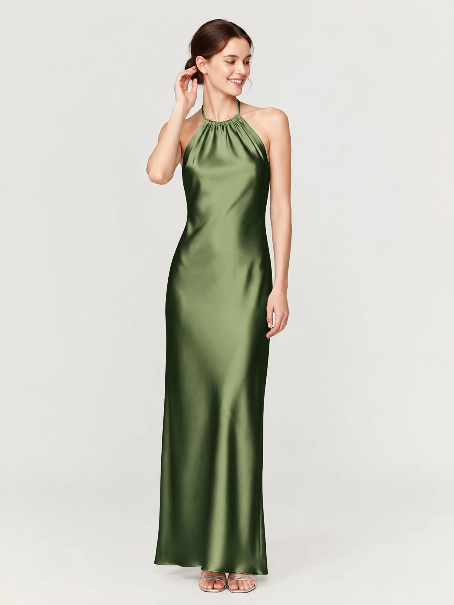 Gathered Halter Neck Satin Gown with Bias-Cut Skirt Olive Green