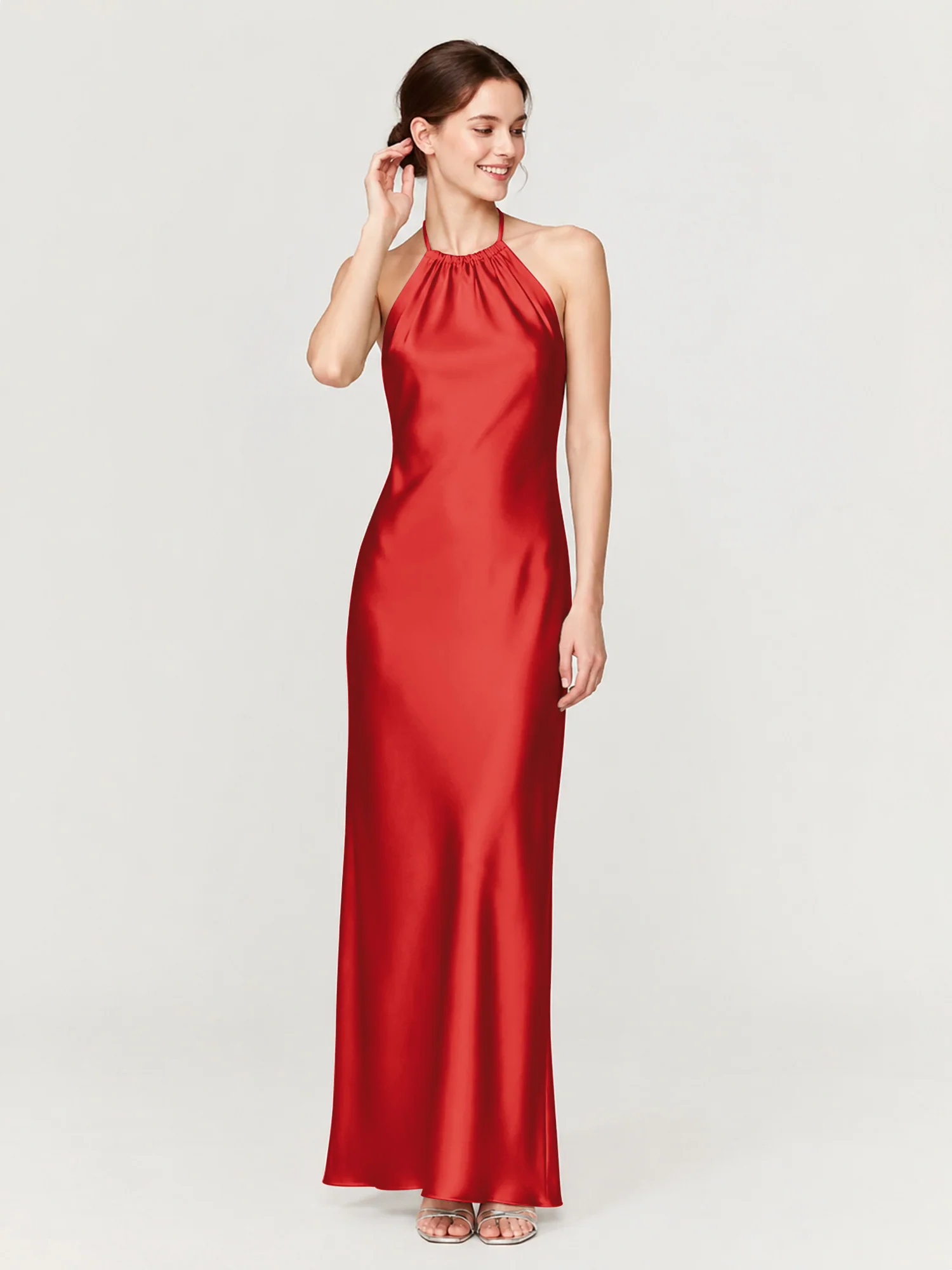 Gathered Halter Neck Satin Gown with Bias-Cut Skirt Red