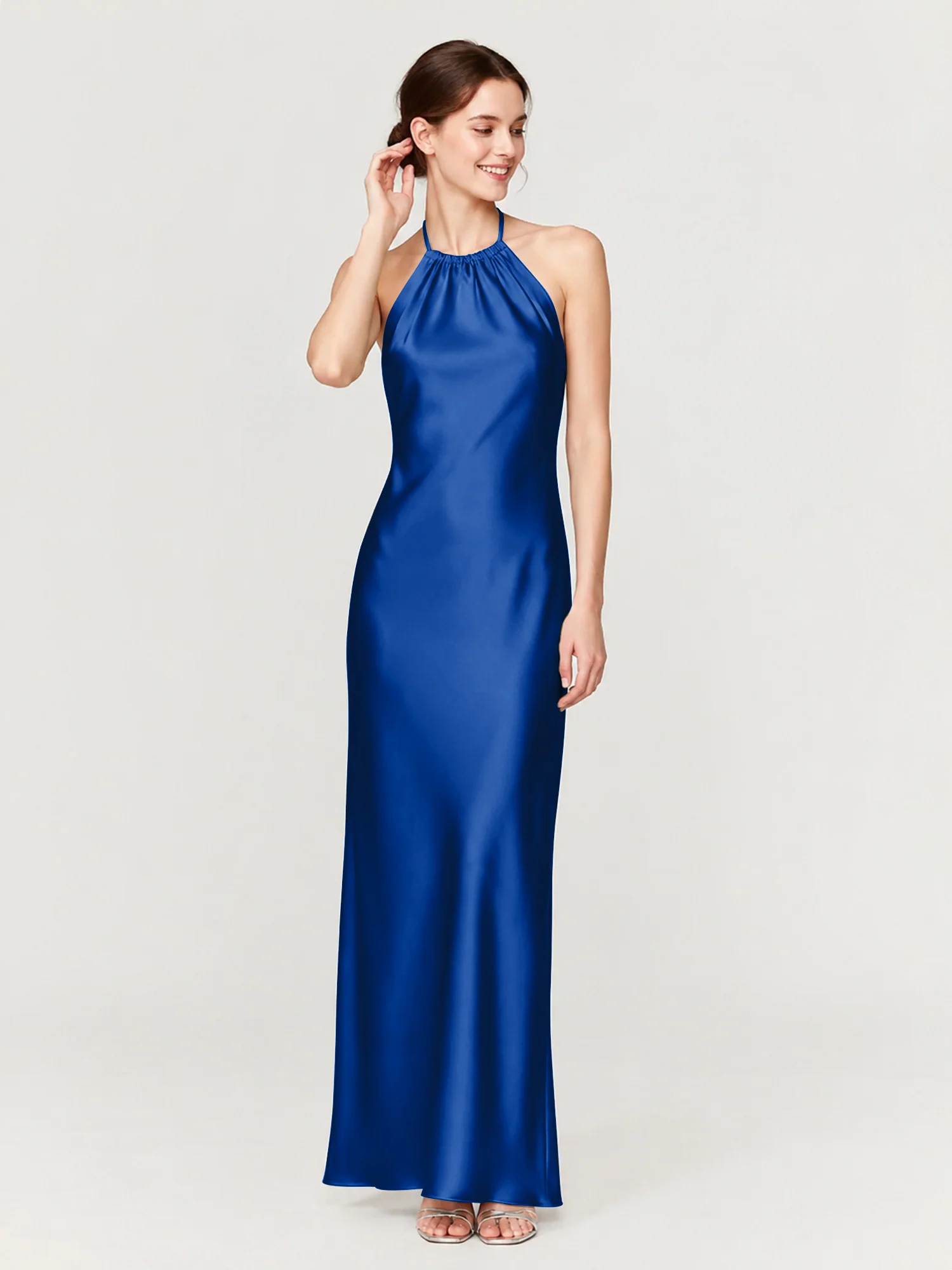 Gathered Halter Neck Satin Gown with Bias-Cut Skirt Royal Blue