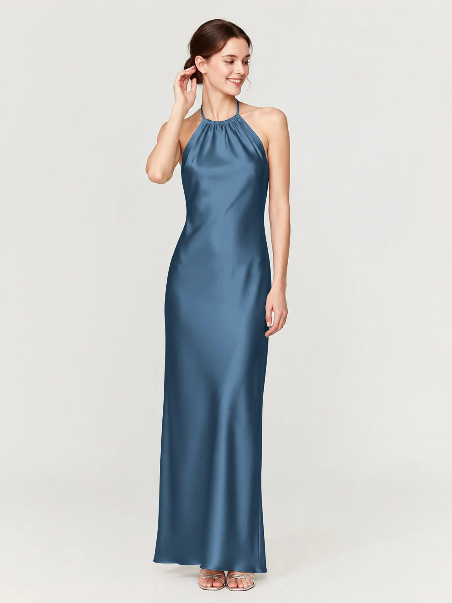 Gathered Halter Neck Satin Gown with Bias-Cut Skirt Slate Blue