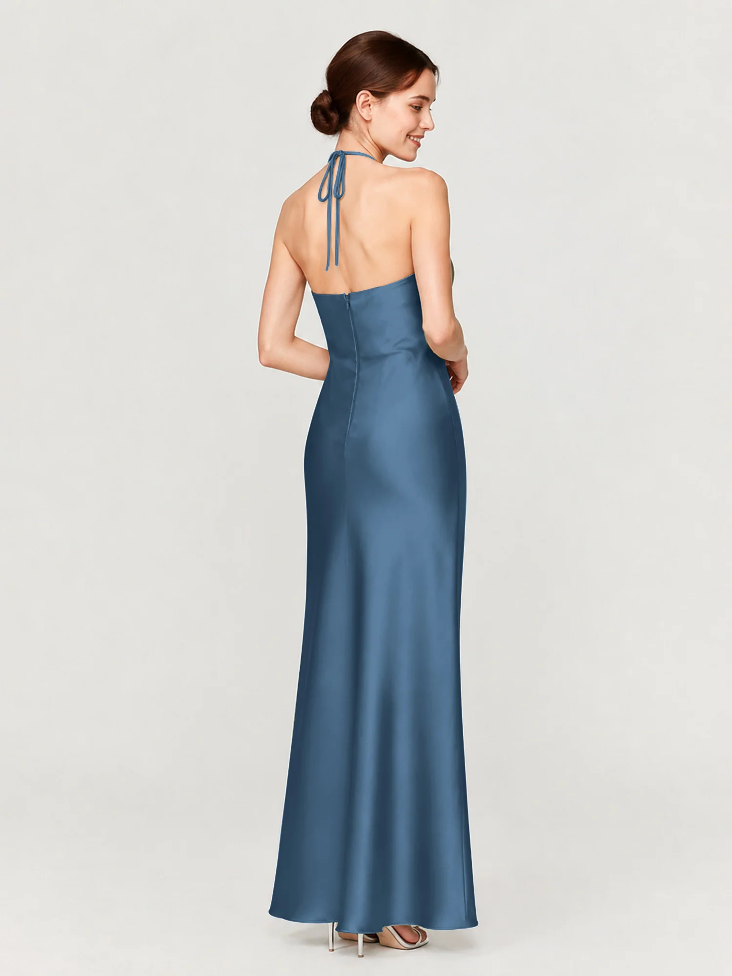 Gathered Halter Neck Satin Gown with Bias-Cut Skirt Slate Blue - Image 2