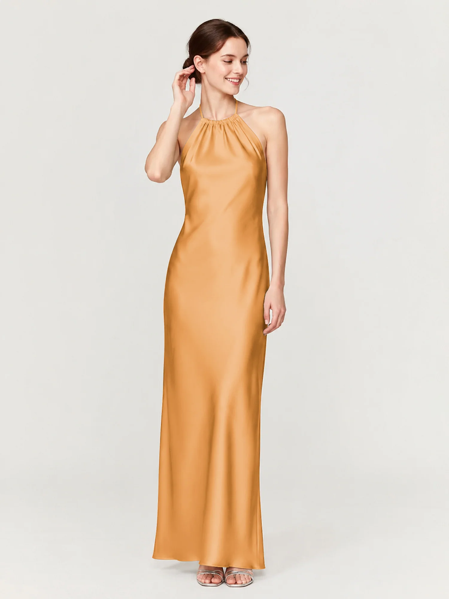 Gathered Halter Neck Satin Gown with Bias-Cut Skirt Tangerine