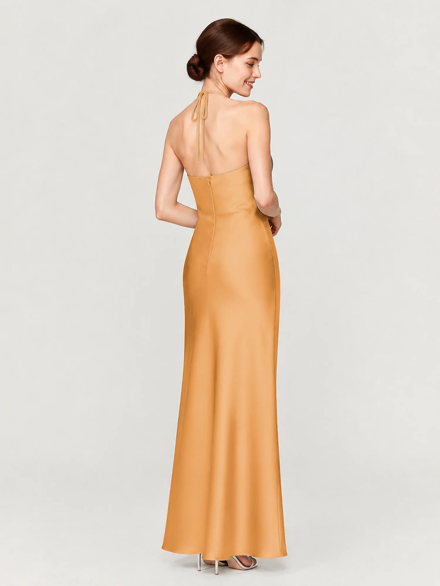 Gathered Halter Neck Satin Gown with Bias-Cut Skirt Tangerine - Image 2