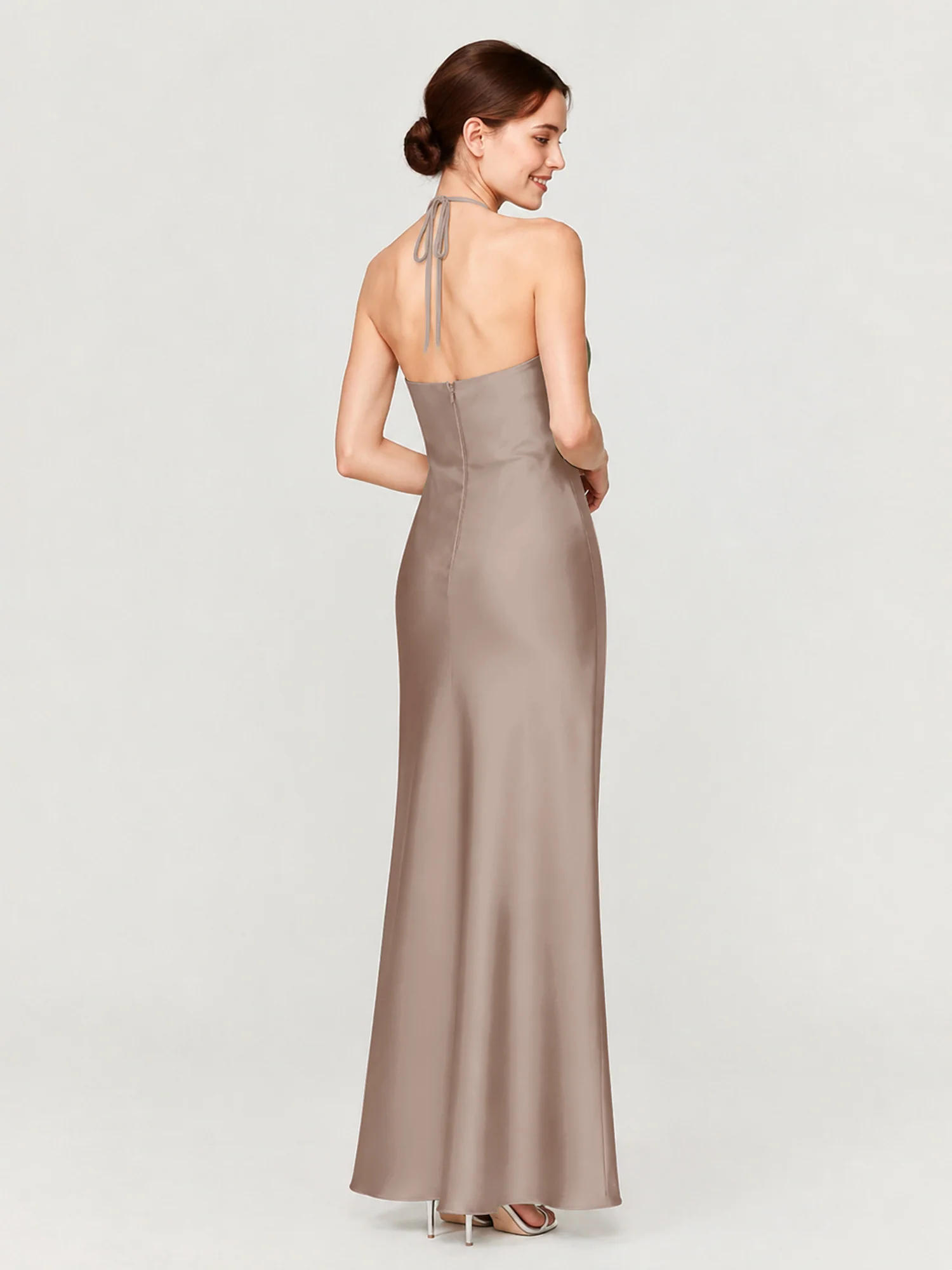 Gathered Halter Neck Satin Gown with Bias-Cut Skirt Taupe - Image 2