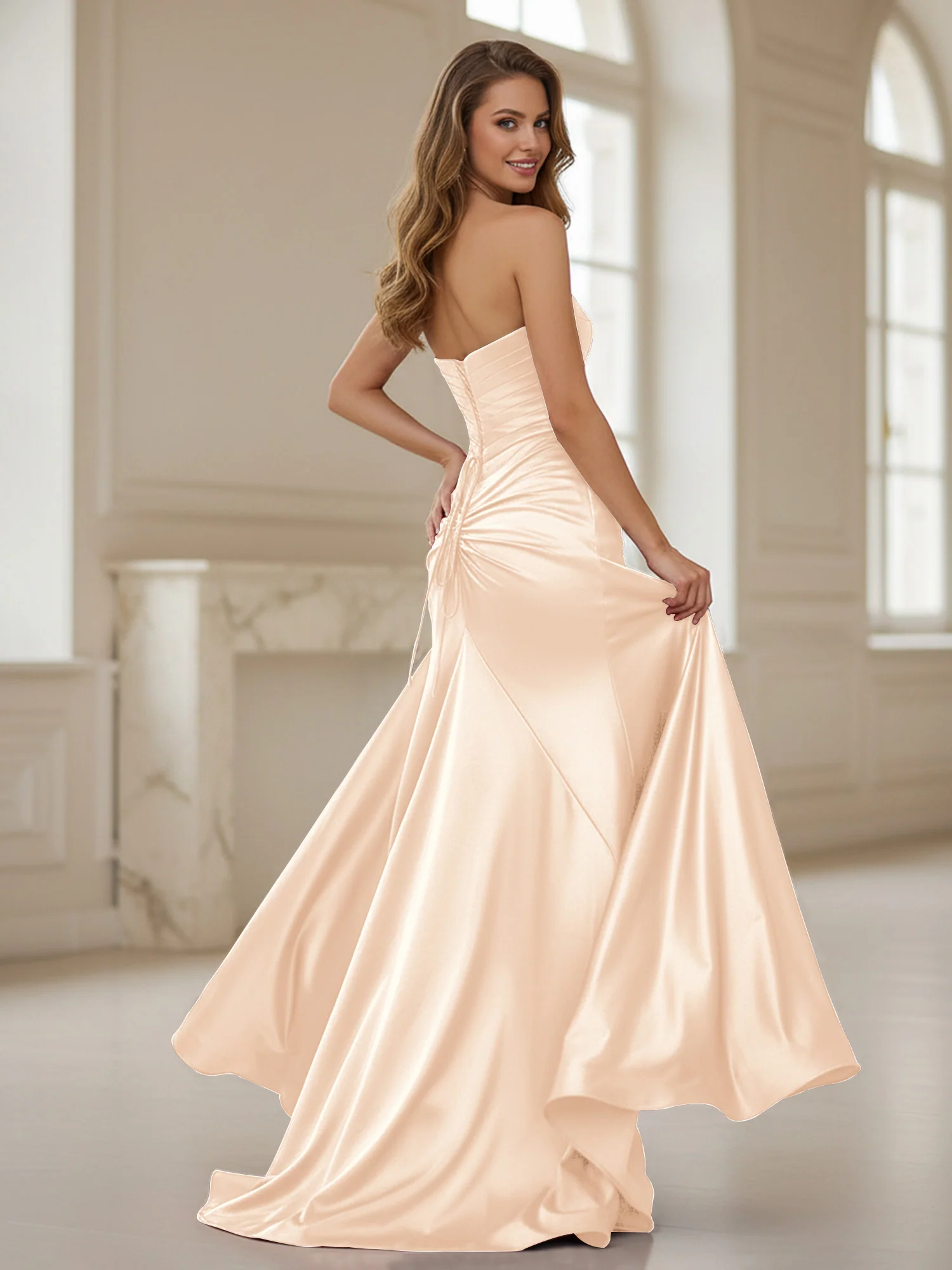 Pleated Sweetheart Neck Sheath Gown With Slit Champagne - Image 2