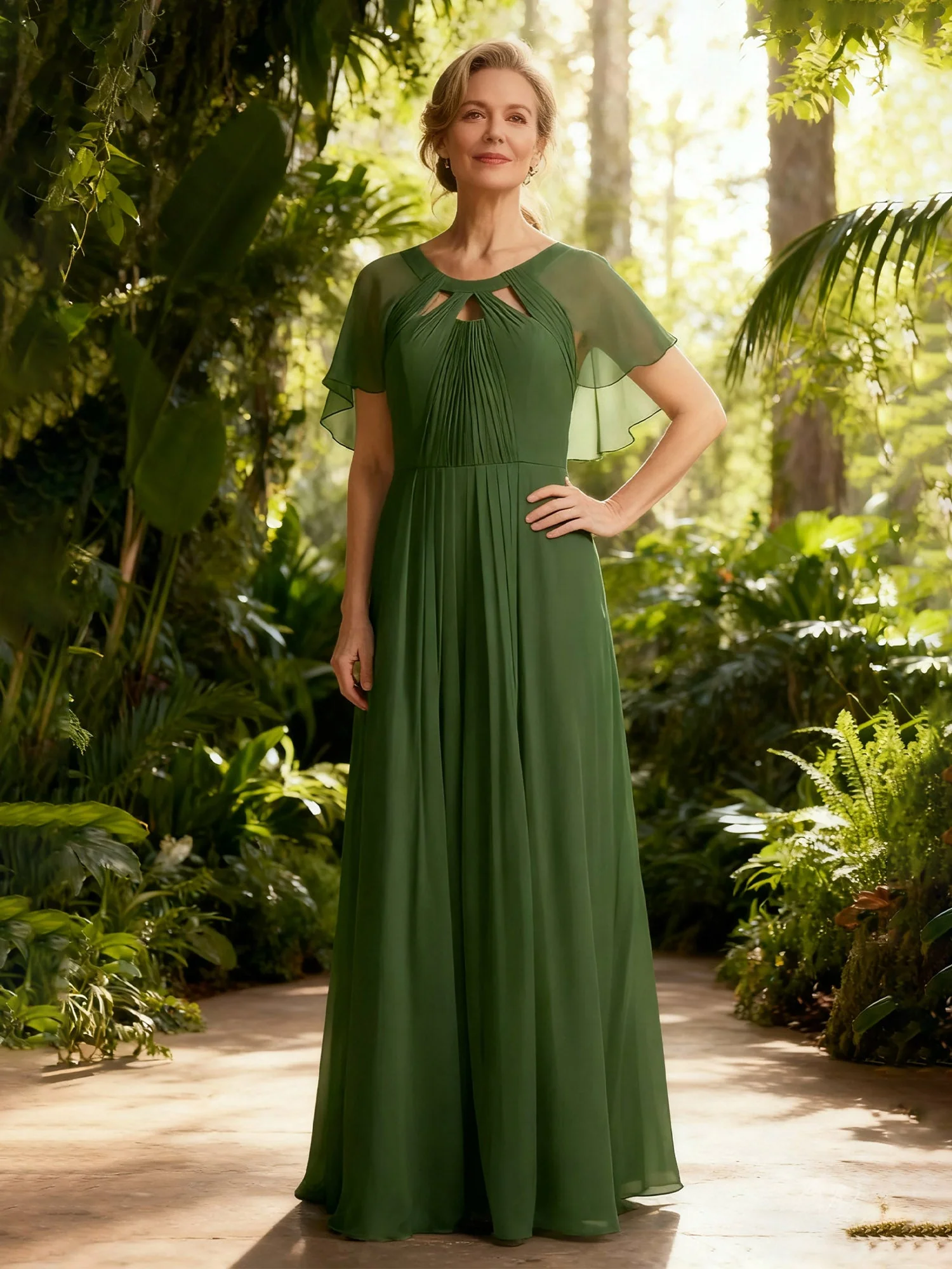 Pleated A-Line Flutter Sleeves Chiffon Long Dress Peach
