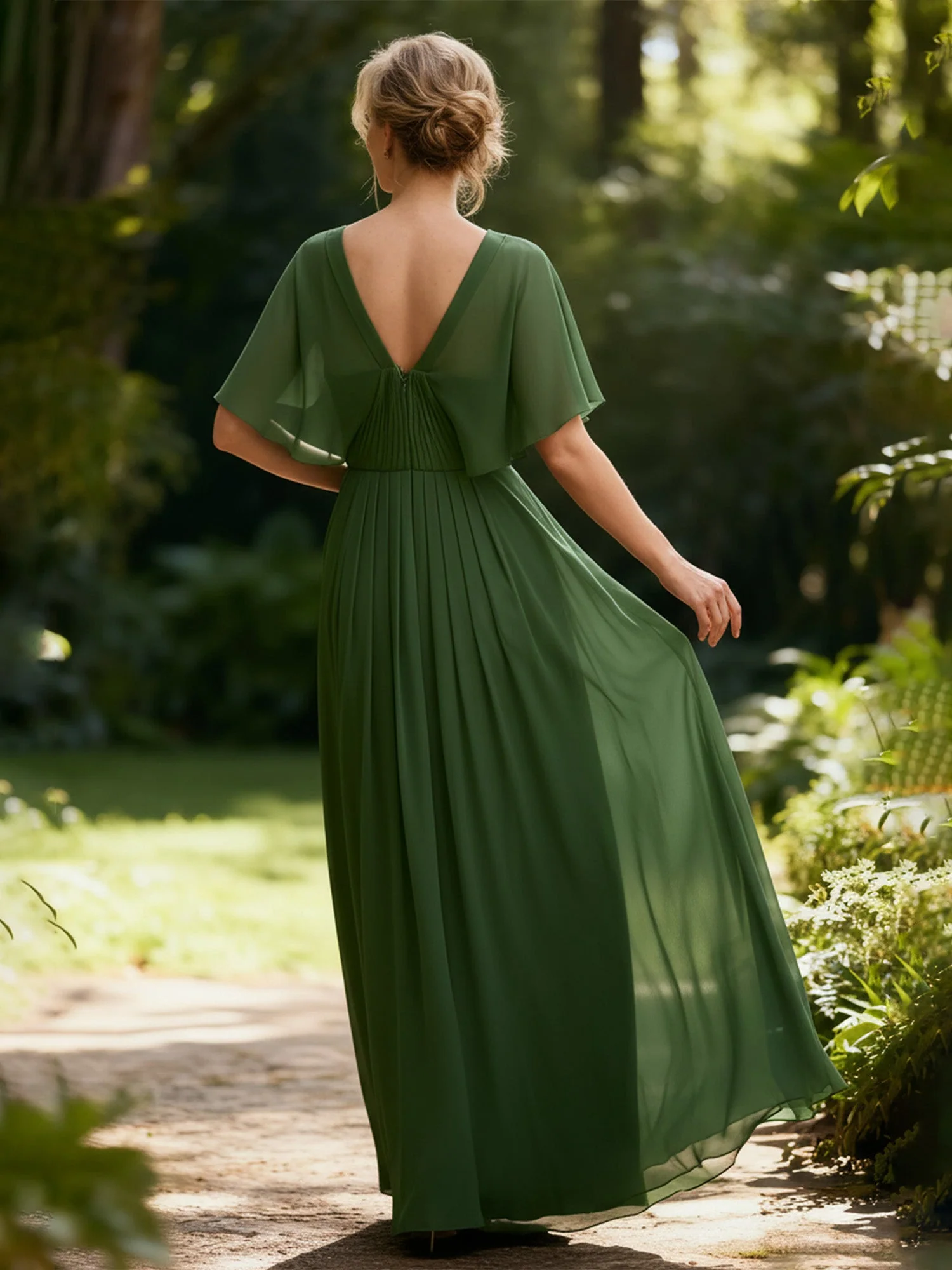 Pleated A-Line Flutter Sleeves Chiffon Long Dress Vintage Mauve - Image 2