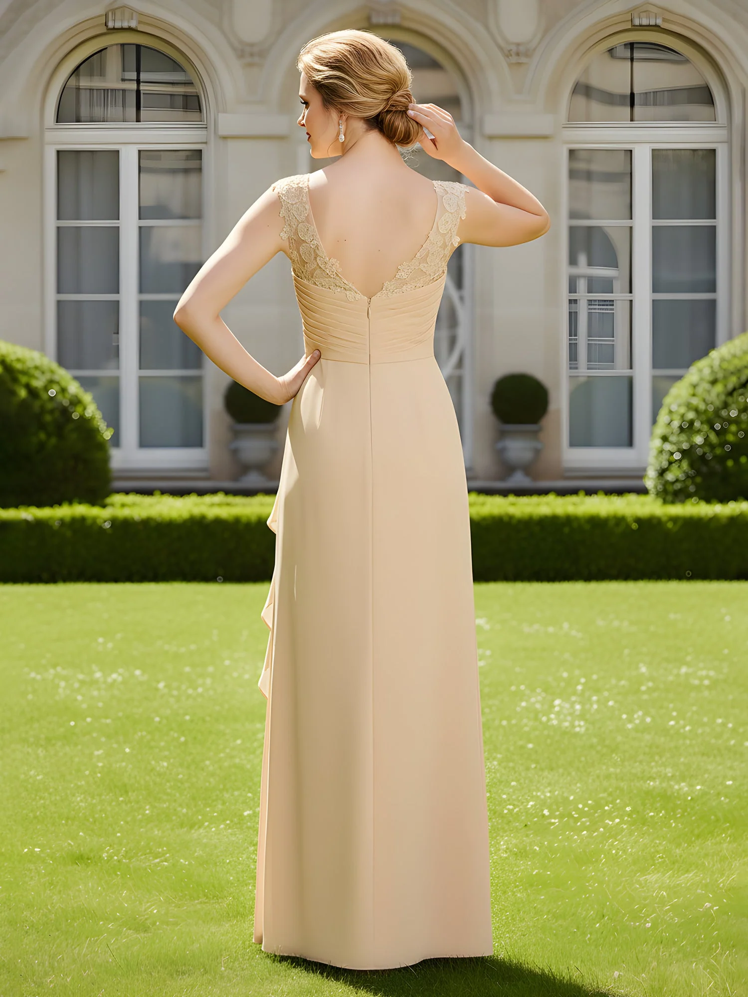 Pleated A-Line Ruffles Lace Chiffon Floor-Length Dress Vintage Mauve - Image 2