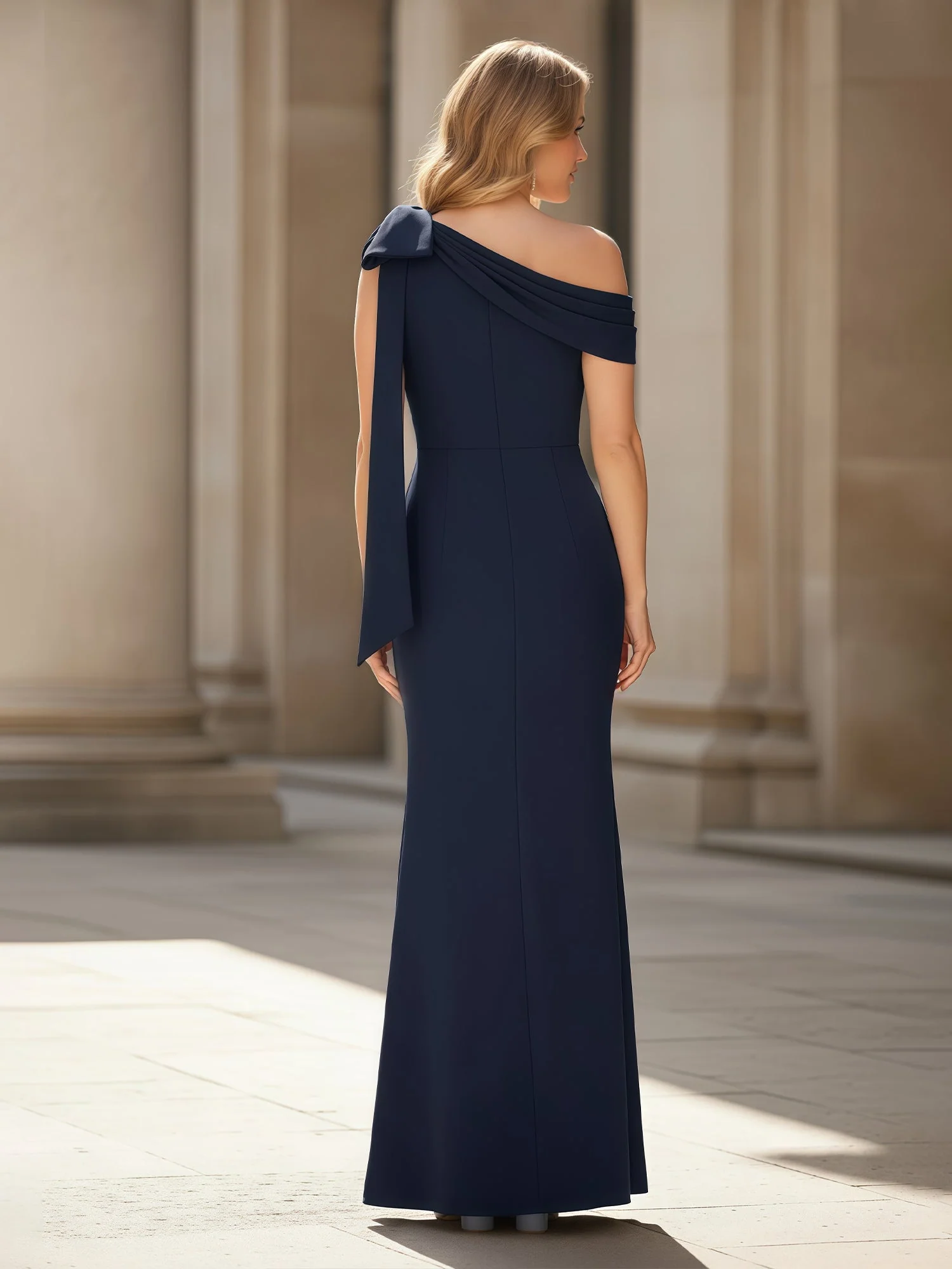 Pleated Bowknot One Shoulder Floor-Length Dress Dusty Blue - Image 2