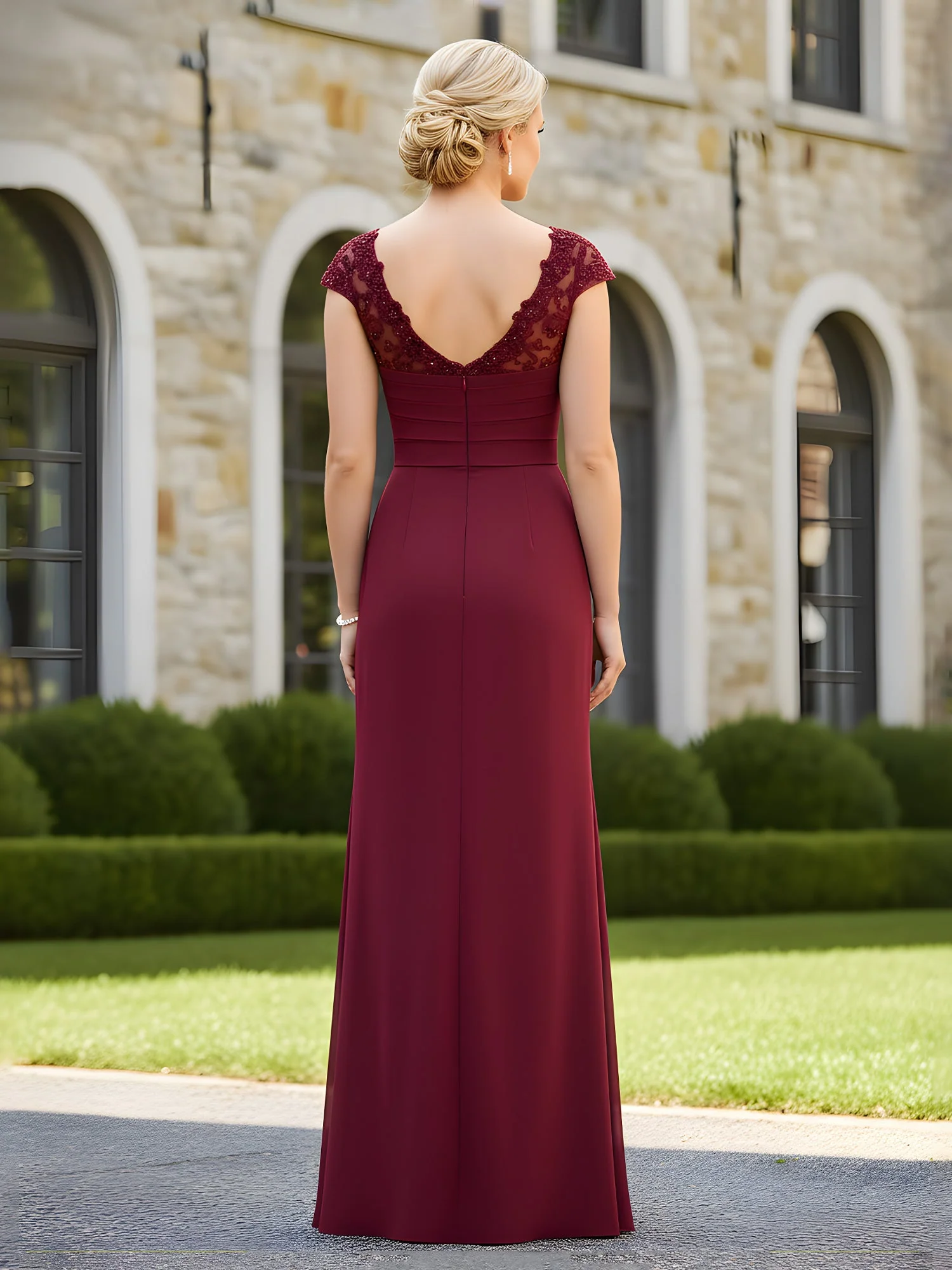 Pleated Lace Cap Sleeves Ruffles Sheath Dress Orchid - Image 2