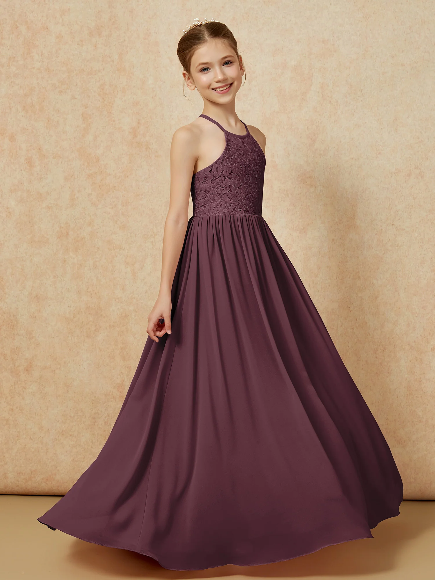 Pleated Lace Chiffion Long Junior Bridesmaid Dress Cabernet - Image 3